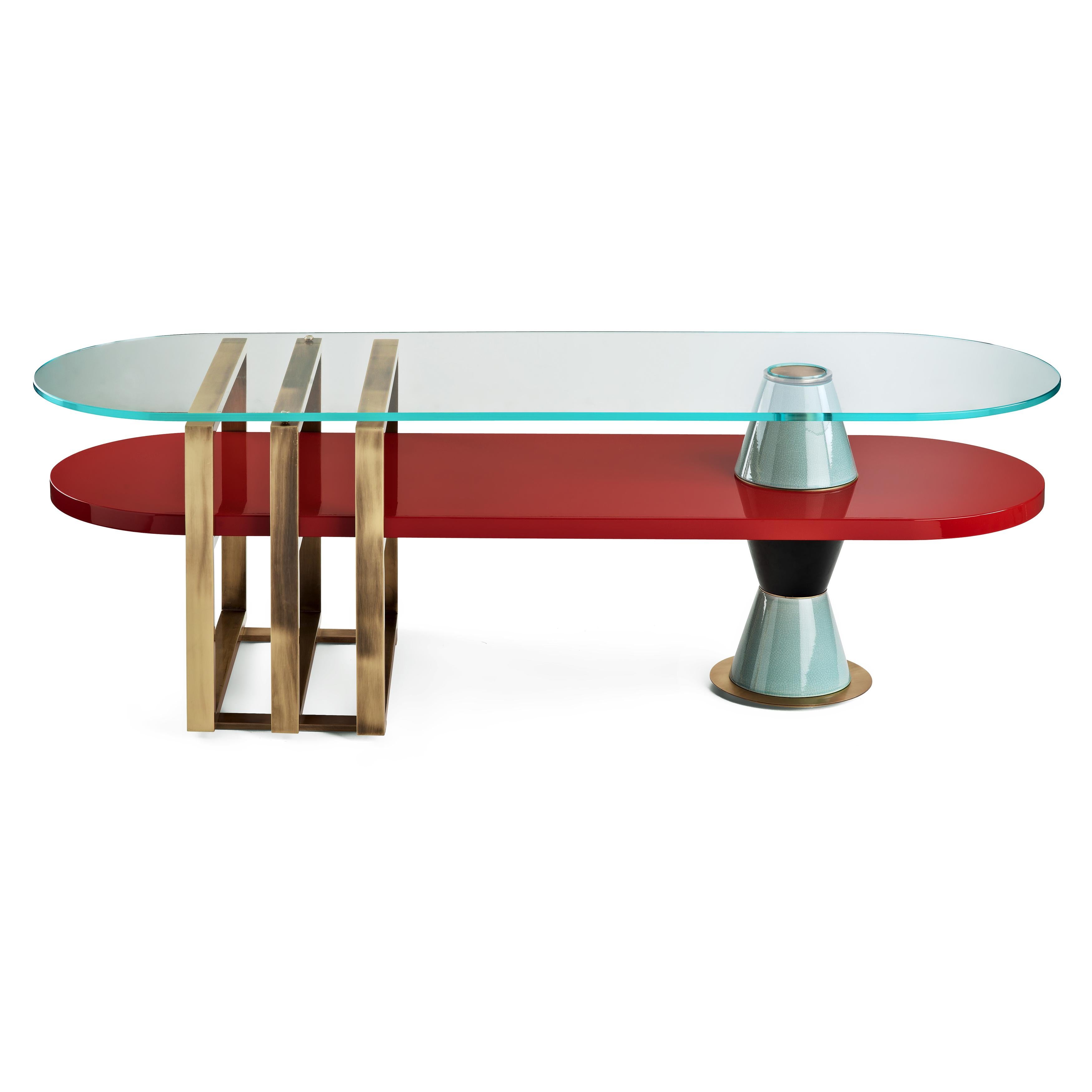 Palm Oval Coffee Table by Marioni
Dimensions: W 50 x D 50 x H 50 cm. 
Materials: Brass structure and glazed ceramic details. Wooden shelf and glass top.
Product code: 02960

Palm oval coffee table with lacquered wood shelf, brushed brass structure,