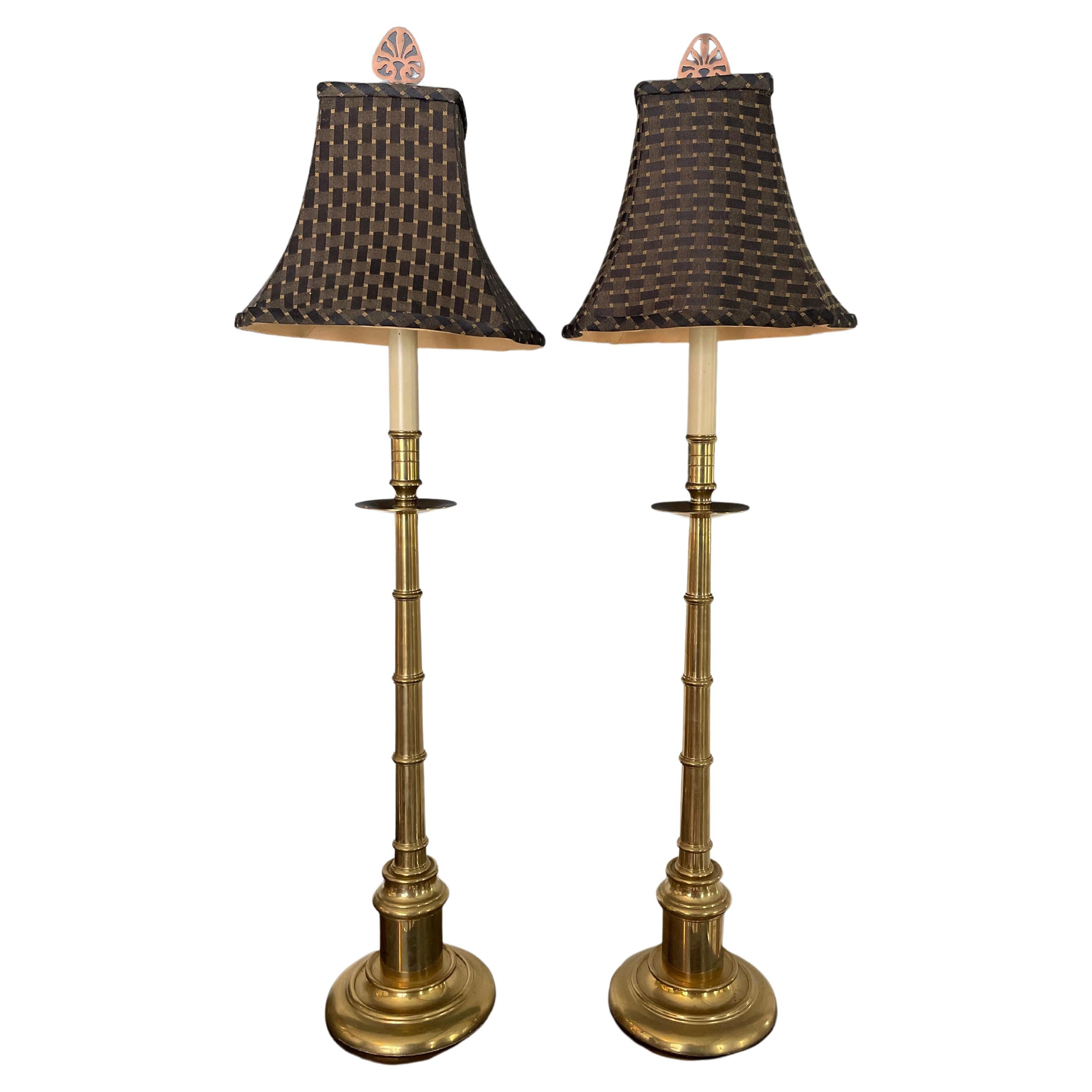 Fantastic example of less is better. Faux bamboo brass candlestick lamps. Quality craftsmanship, heavy! Custom lampshade by Canterbury, Brookly NY.