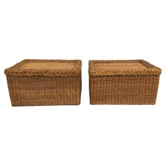 Palm Regency Style Braided Wicker Rattan Ottoman Benches, Pair