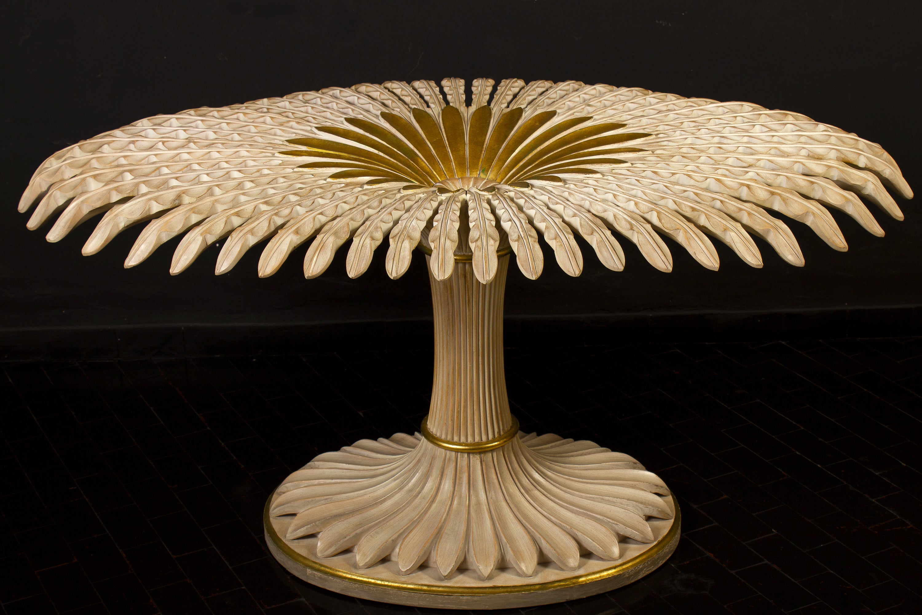 Spectacular Italian design finely carved gilt-wood and ivory painted dining or center table with oval shaped crystal top. 
Great scenic decorative table provenience from Capri Island .
Excellent original condition , only with the wear of time. 
