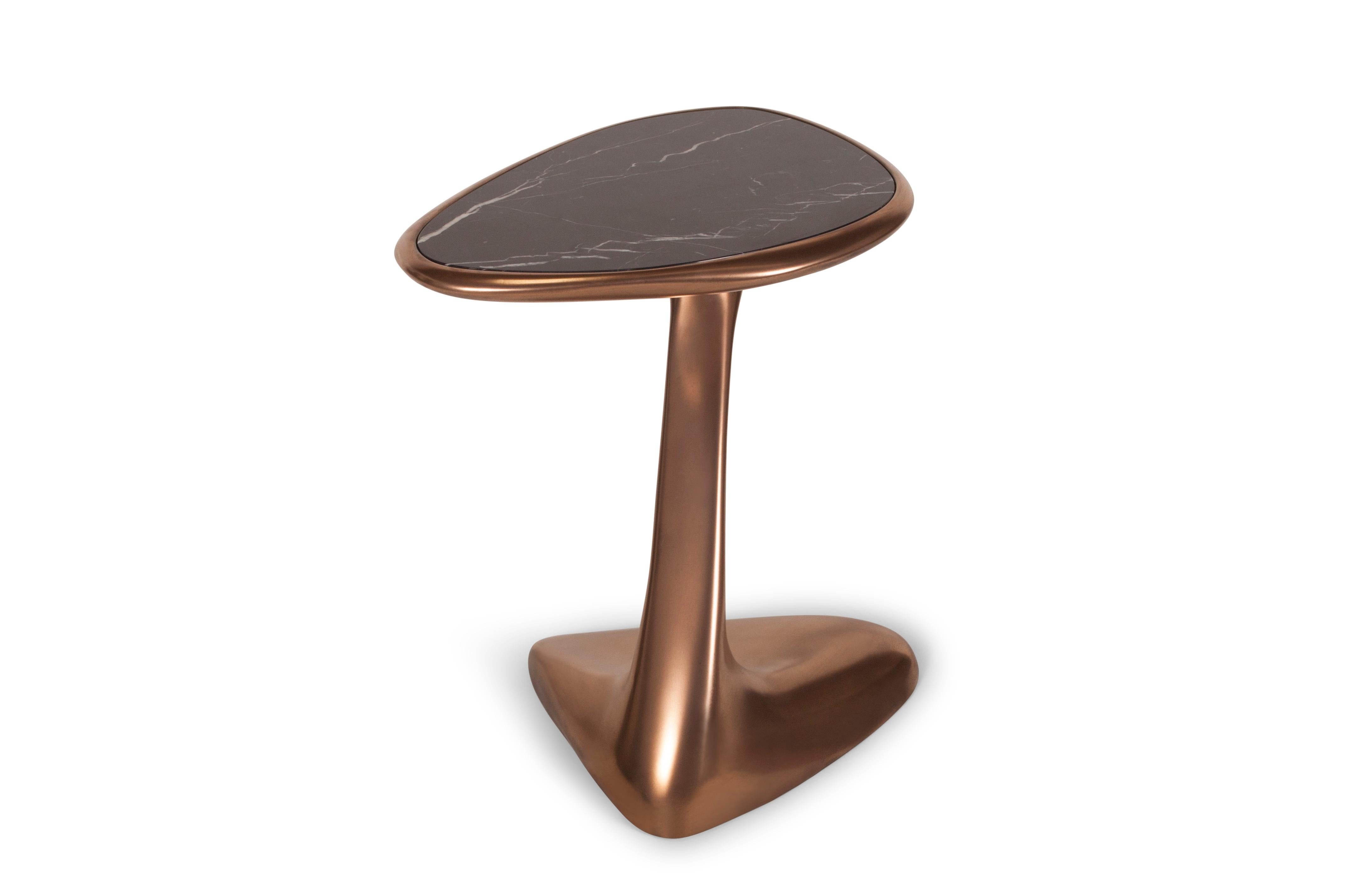 Carved Palm Side Table, Bronze Finish with Black Marble Top