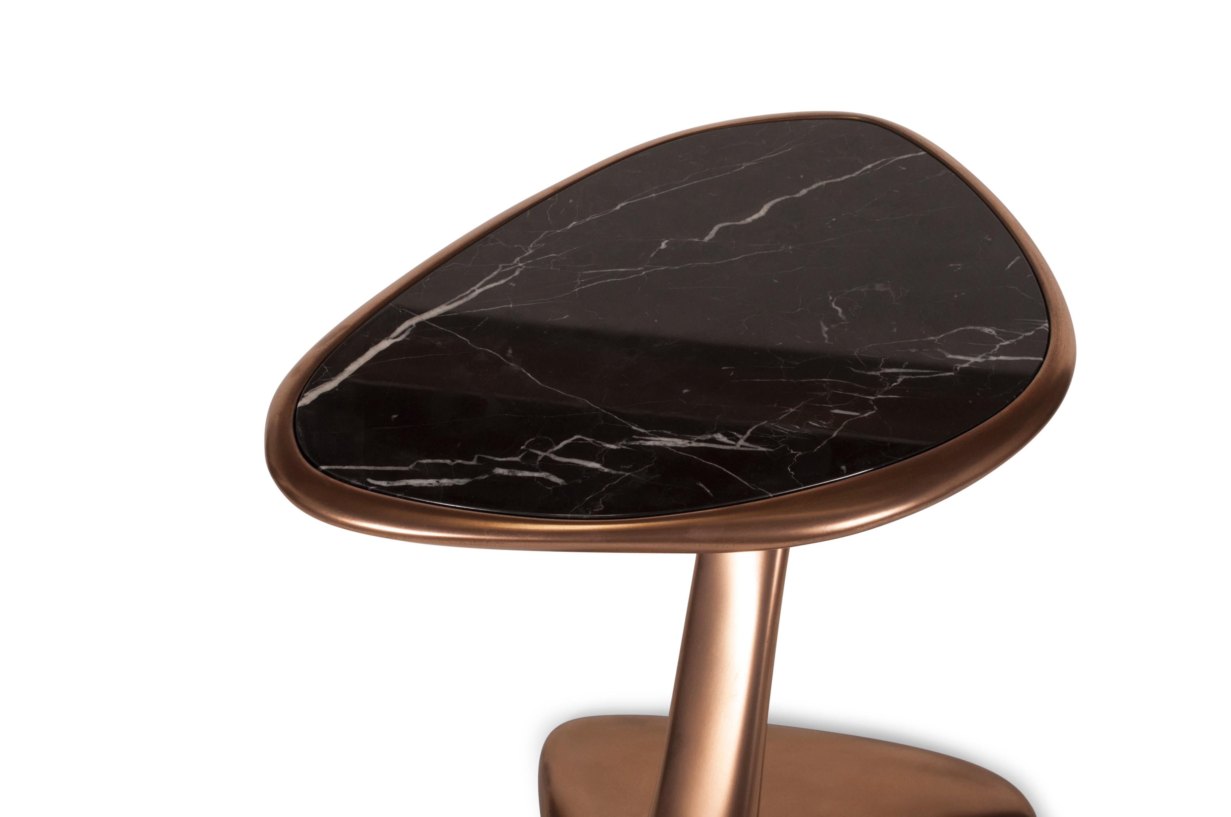 Wood Palm Side Table, Bronze Finish with Black Marble Top