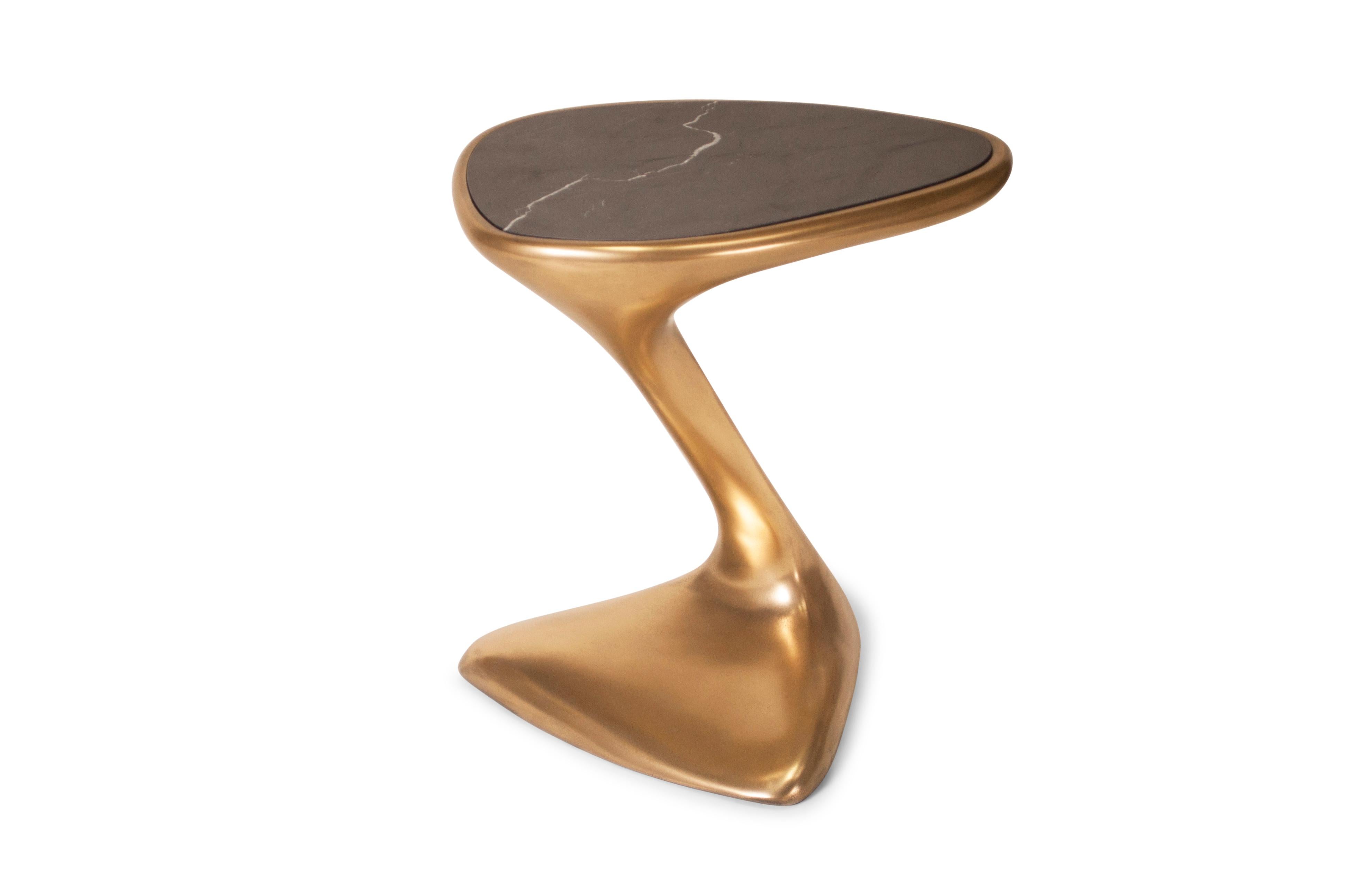 Carved Palm Side Table, Gold Finish with Black Marble Top