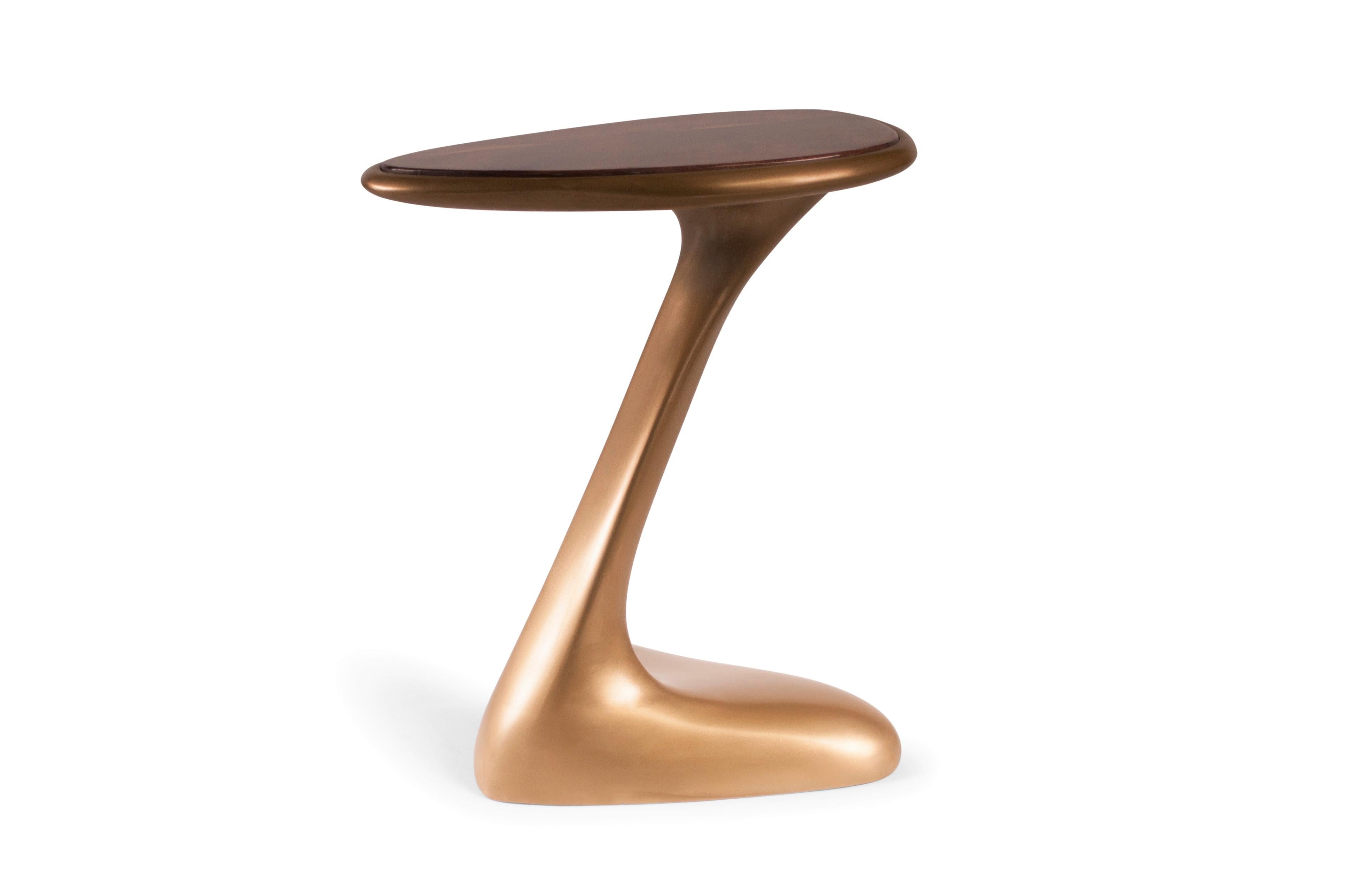 Modern Amorph Palm Side Table, Gold Finish with High Glossy Walnut Top
