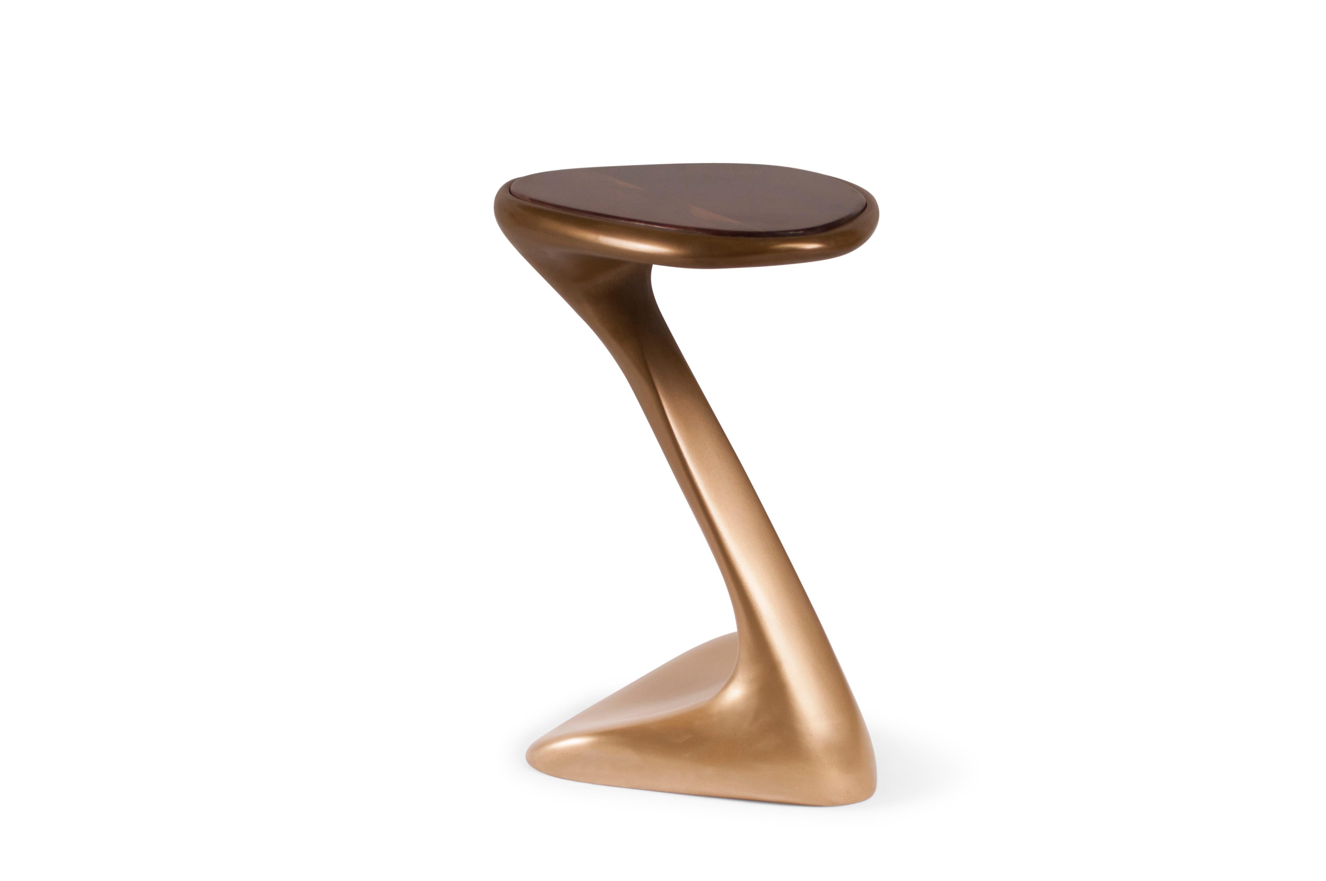 American Amorph Palm Side Table, Gold Finish with High Glossy Walnut Top