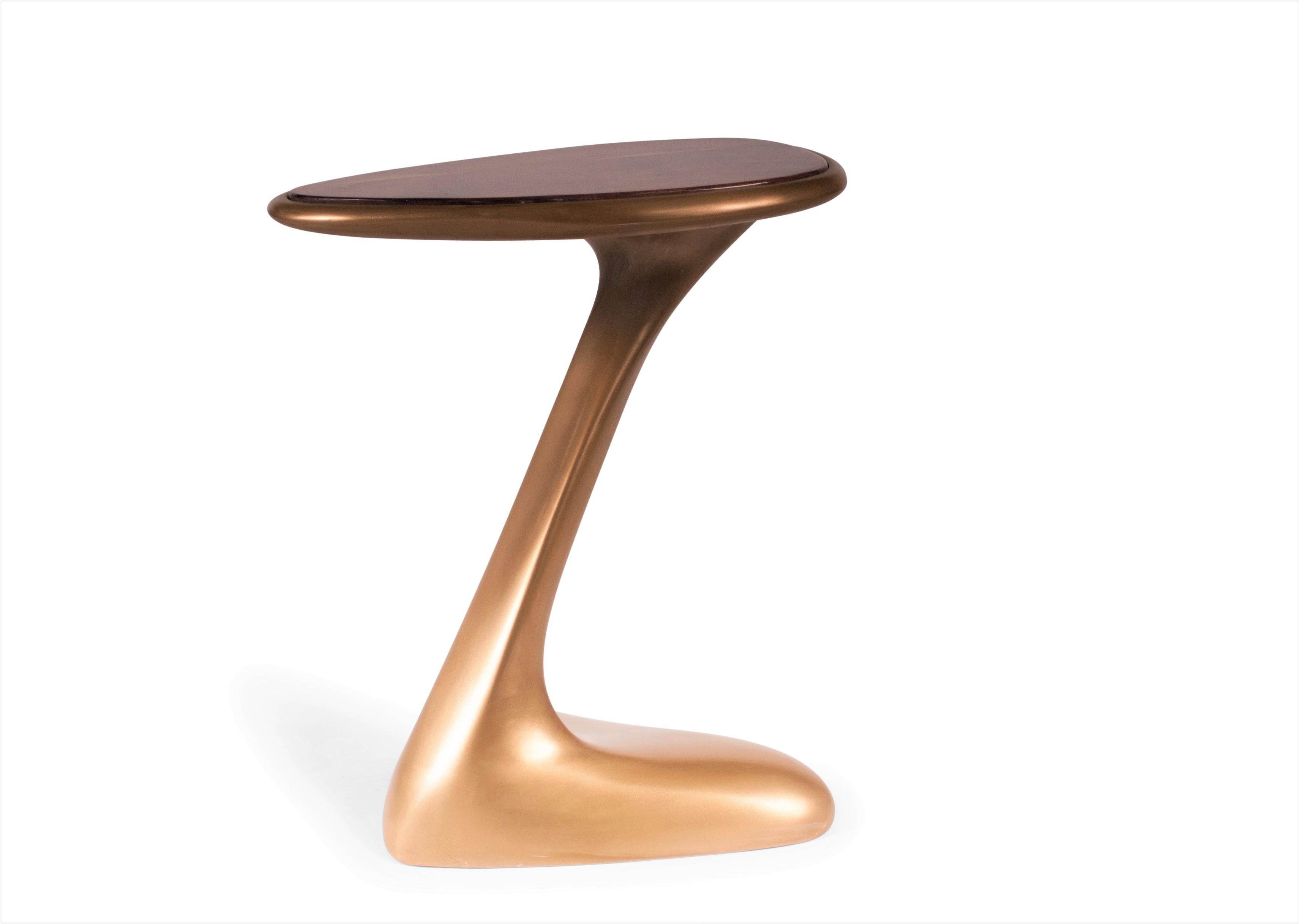 Carved Amorph Palm Side Table, Gold Finish with High Glossy Walnut Top