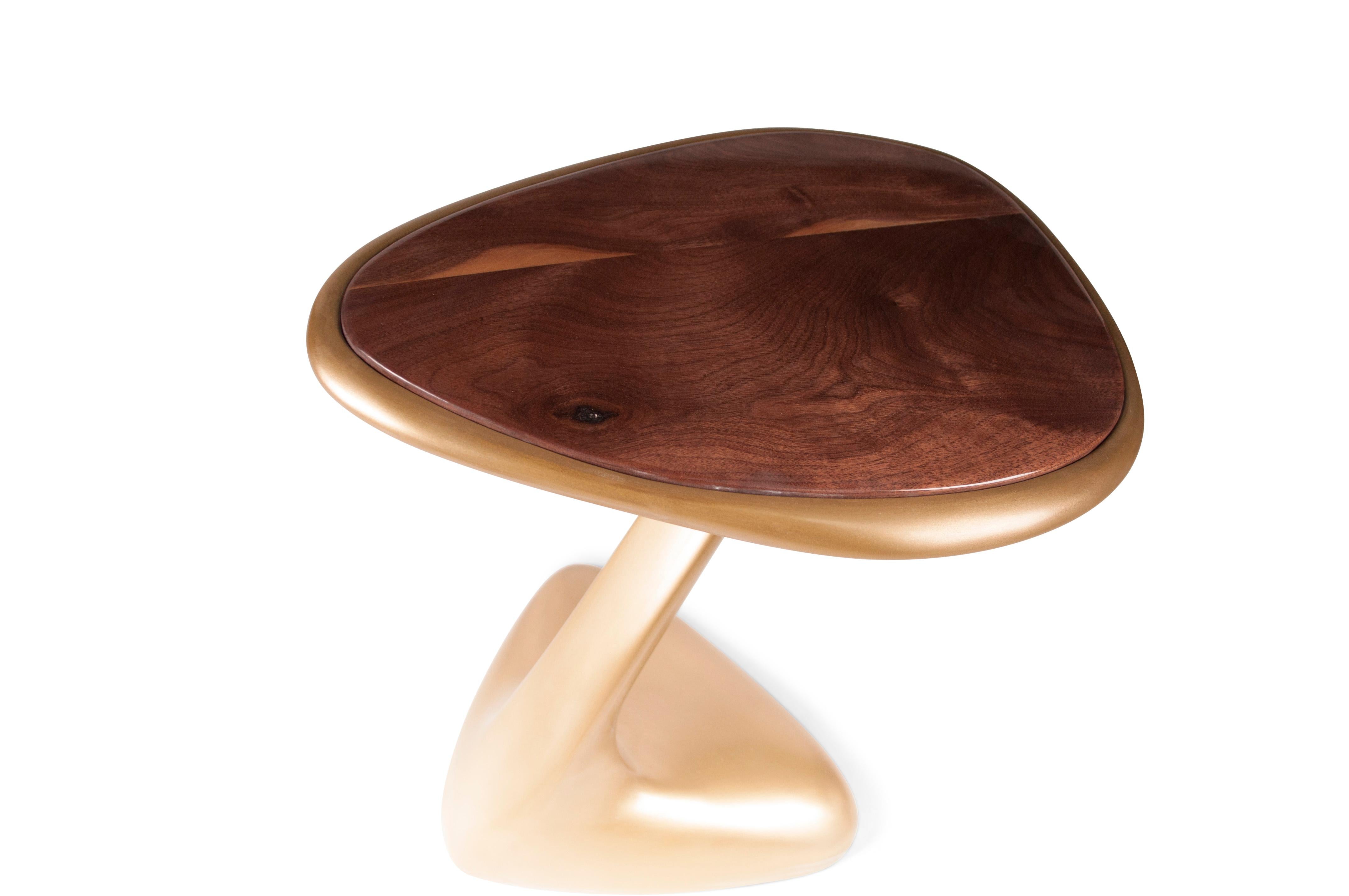 Amorph Palm Side Table, Gold Finish with High Glossy Walnut Top In New Condition In Los Angeles, CA