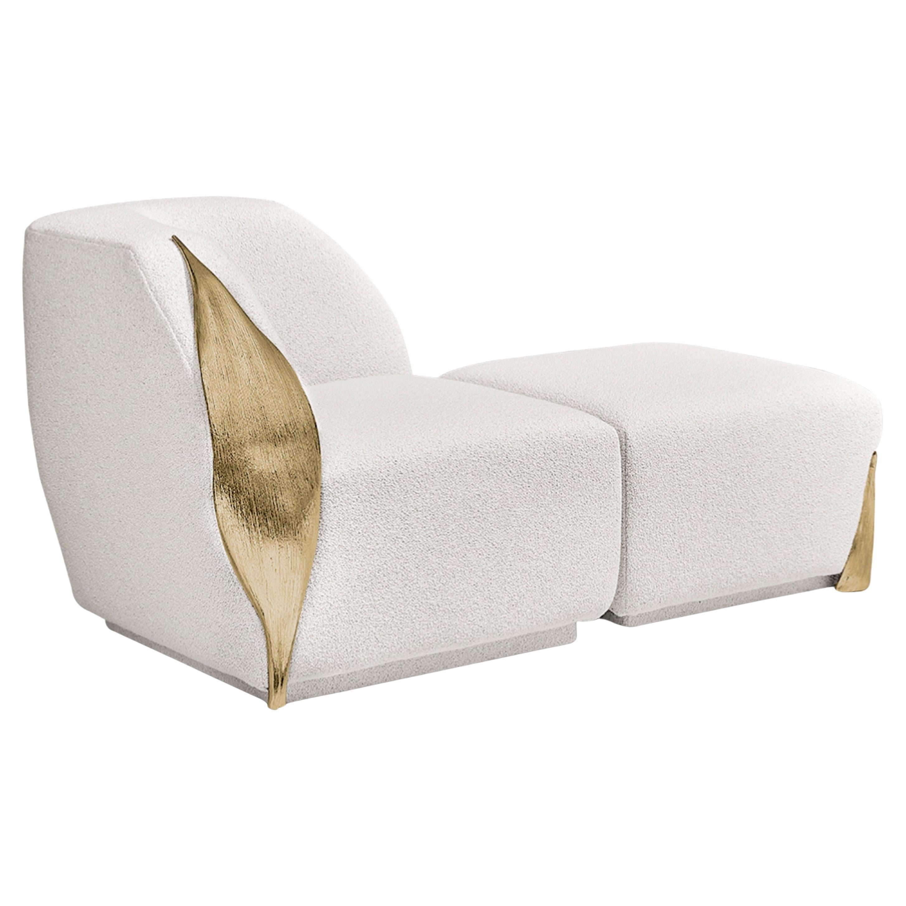 Palm Sofa Handcrafted in Polished Brass and Wild White Bouclé