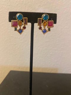 Modernist 1980s Multi-Color Gemstone Clip-On Earrings PSF Vintage Collection