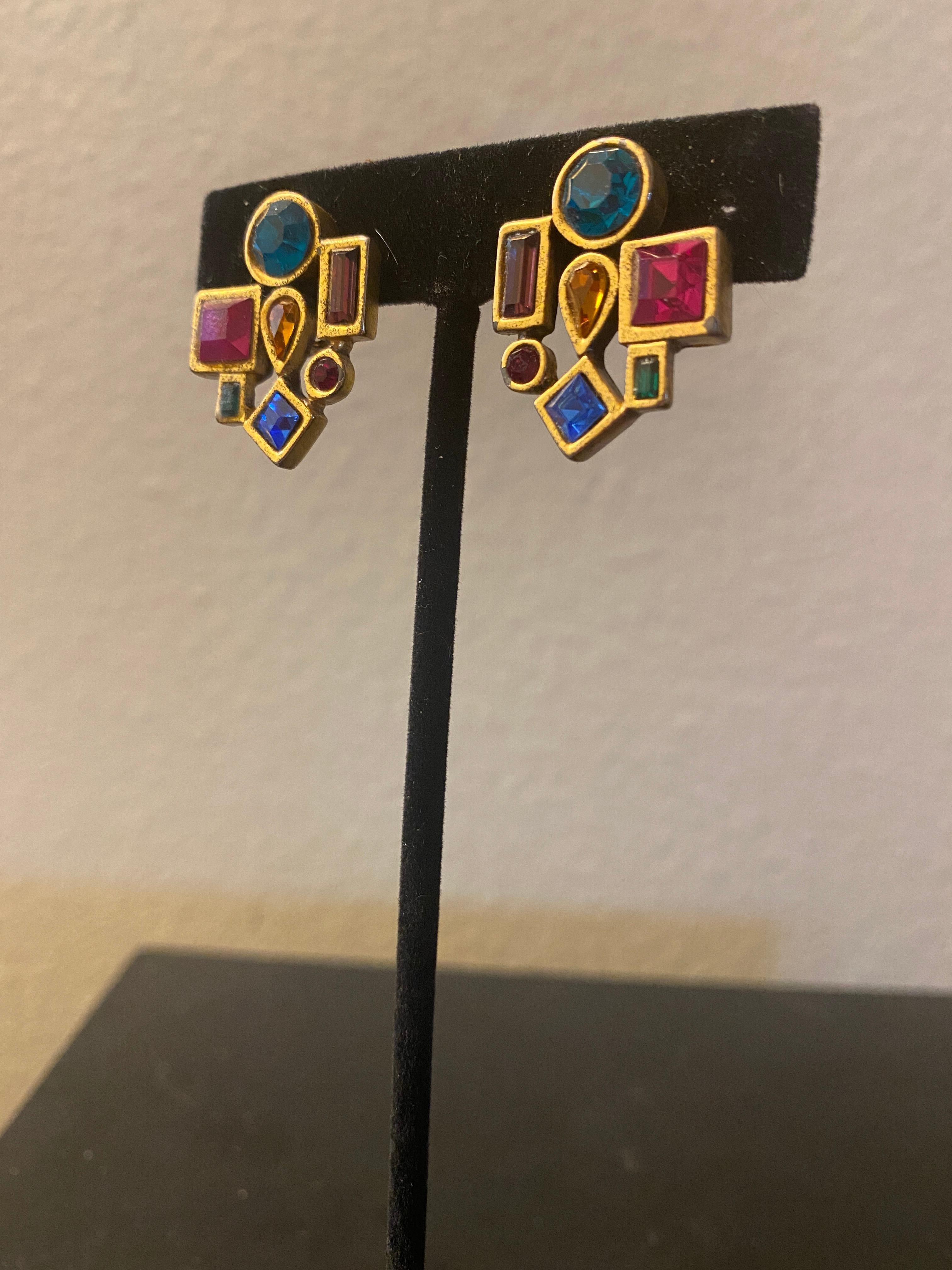 Modernist 1980s Multi-Color Gemstone Clip-On Earrings PSF Vintage Collection In Good Condition For Sale In Palm Springs, CA