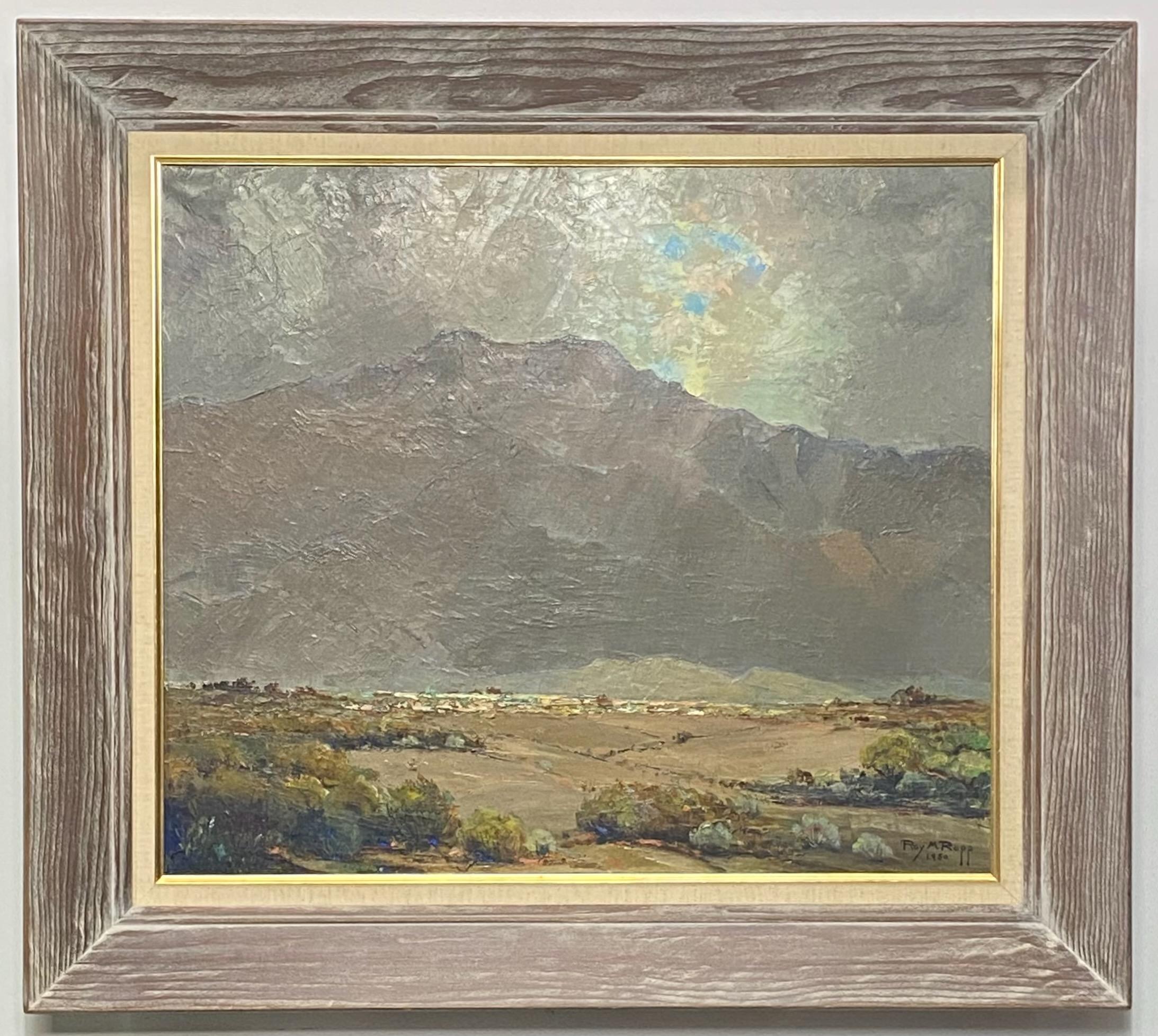 Oil on canvas landscape painting of the Palm Springs area in original frame.
Signed in the lower right Roy M. Ropp, and dated 1951.
American, mid 20th century.
Measurement of the canvas without frame 33.5 wide x 28 high.
In excellent