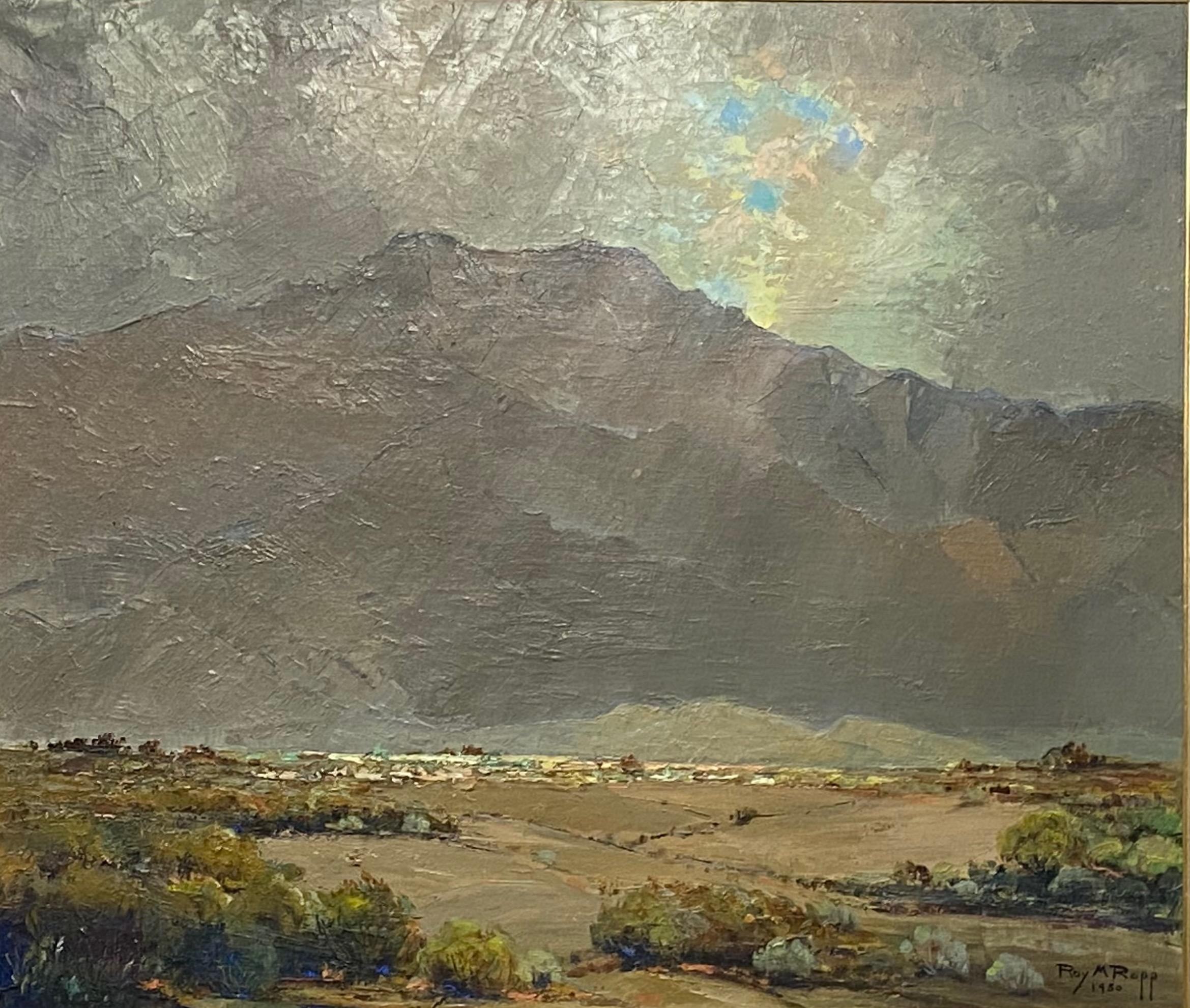 American Palm Springs Mountain Dessert Landscape Painting by Roy Ropp Dated 1951