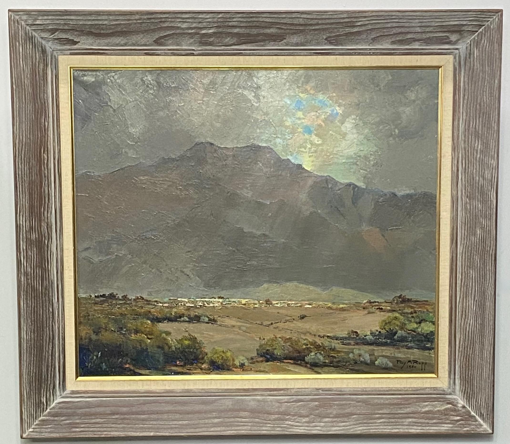 Hand-Painted Palm Springs Mountain Dessert Landscape Painting by Roy Ropp Dated 1951