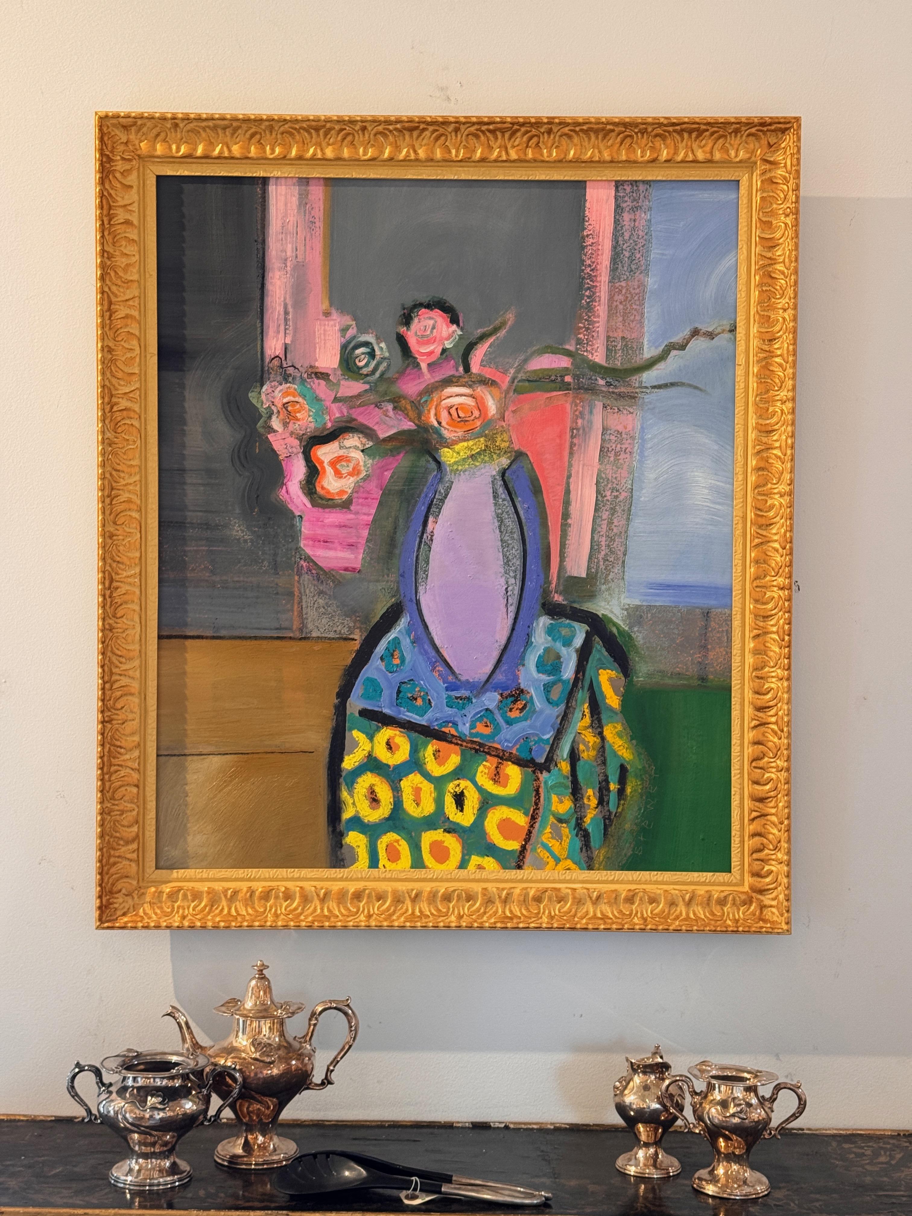 Expresivo bodegón de James Brewer con un jarrón de flores abstractas sobre una tela de atrevidos motivos. Rica en color y movimiento, la obra combina formas figurativas y geométricas con pinceladas seguras. Firmado abajo a la derecha