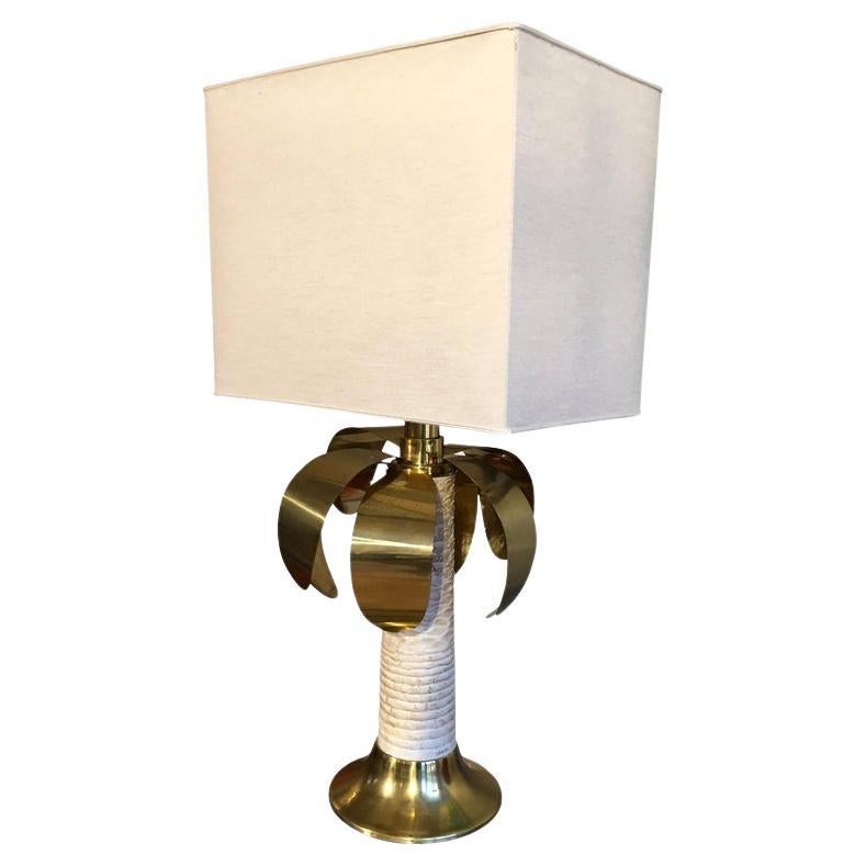 Palm Three Shaped Gold and White Table Lamp, Signed Spark, 1970s