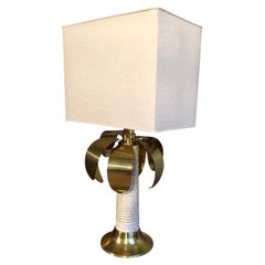 Retro Palm Three Shaped Gold and White Table Lamp, Signed Spark, 1970s