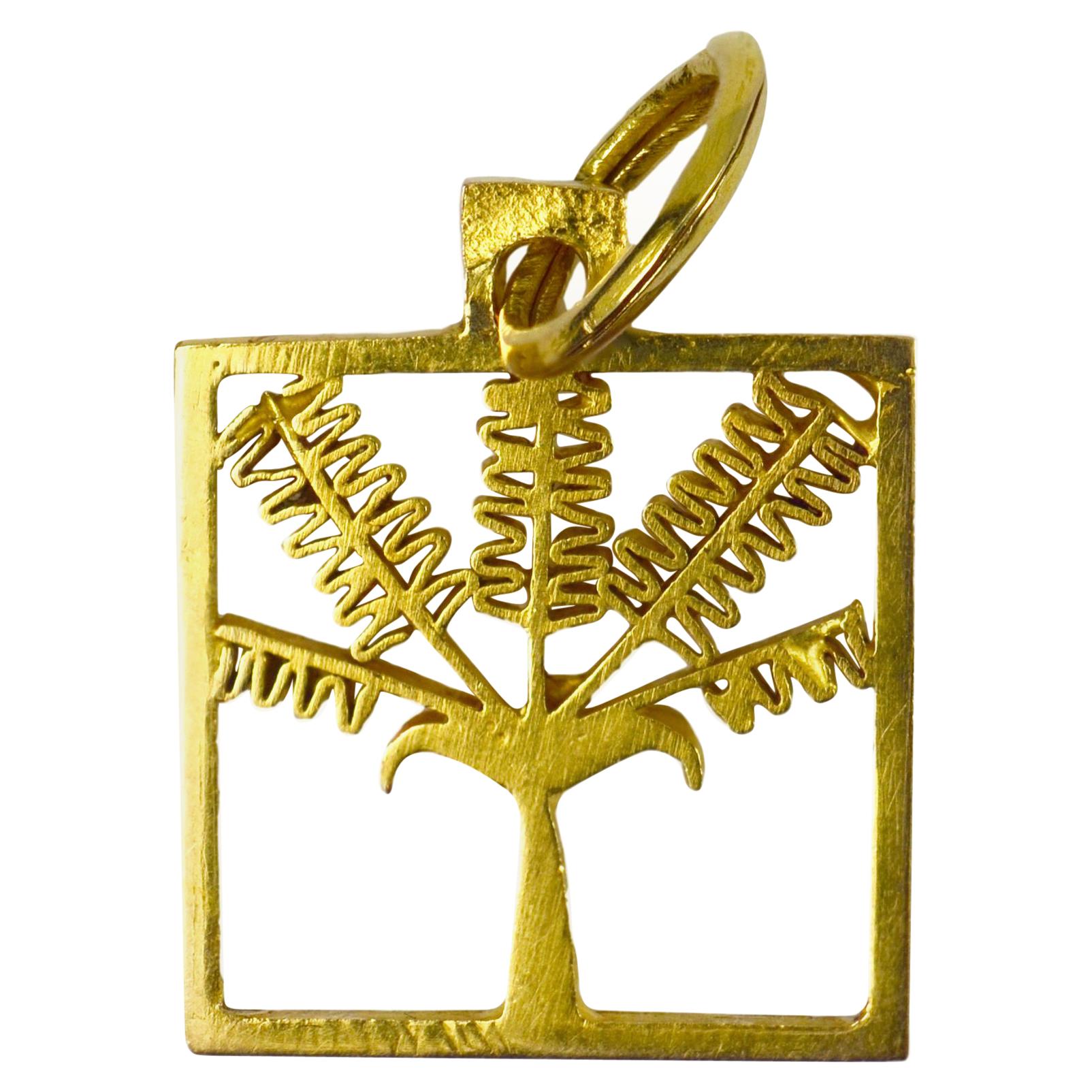 Palm Tree 18k Yellow Gold Square Charm Pendant