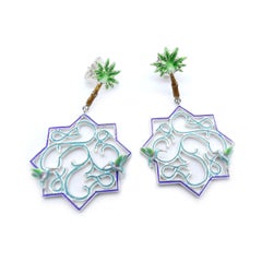 Palm Tree 8 Pointed Star Birds Silver Enameled Earring