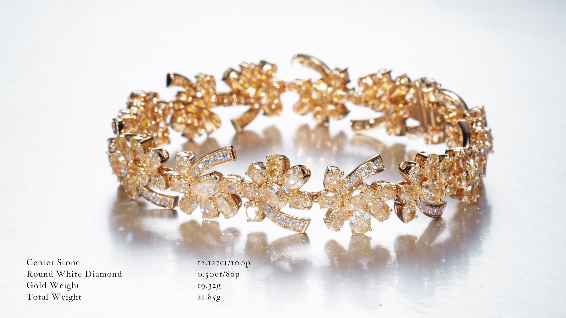 Pear Cut Palm Tree Bracelet in 18KT Yellow Gold with Natural Fancy Yellow Diamonds.  For Sale