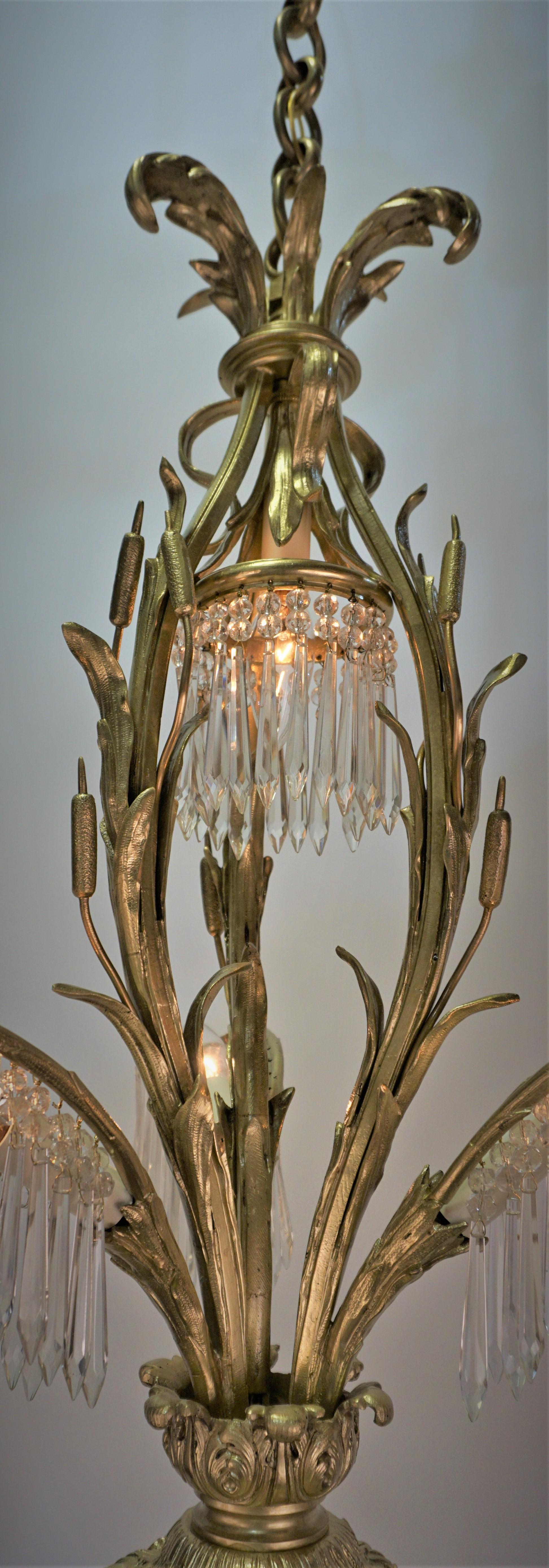 Mid-20th Century Palm Tree Bronze and Crystal Chandelier For Sale