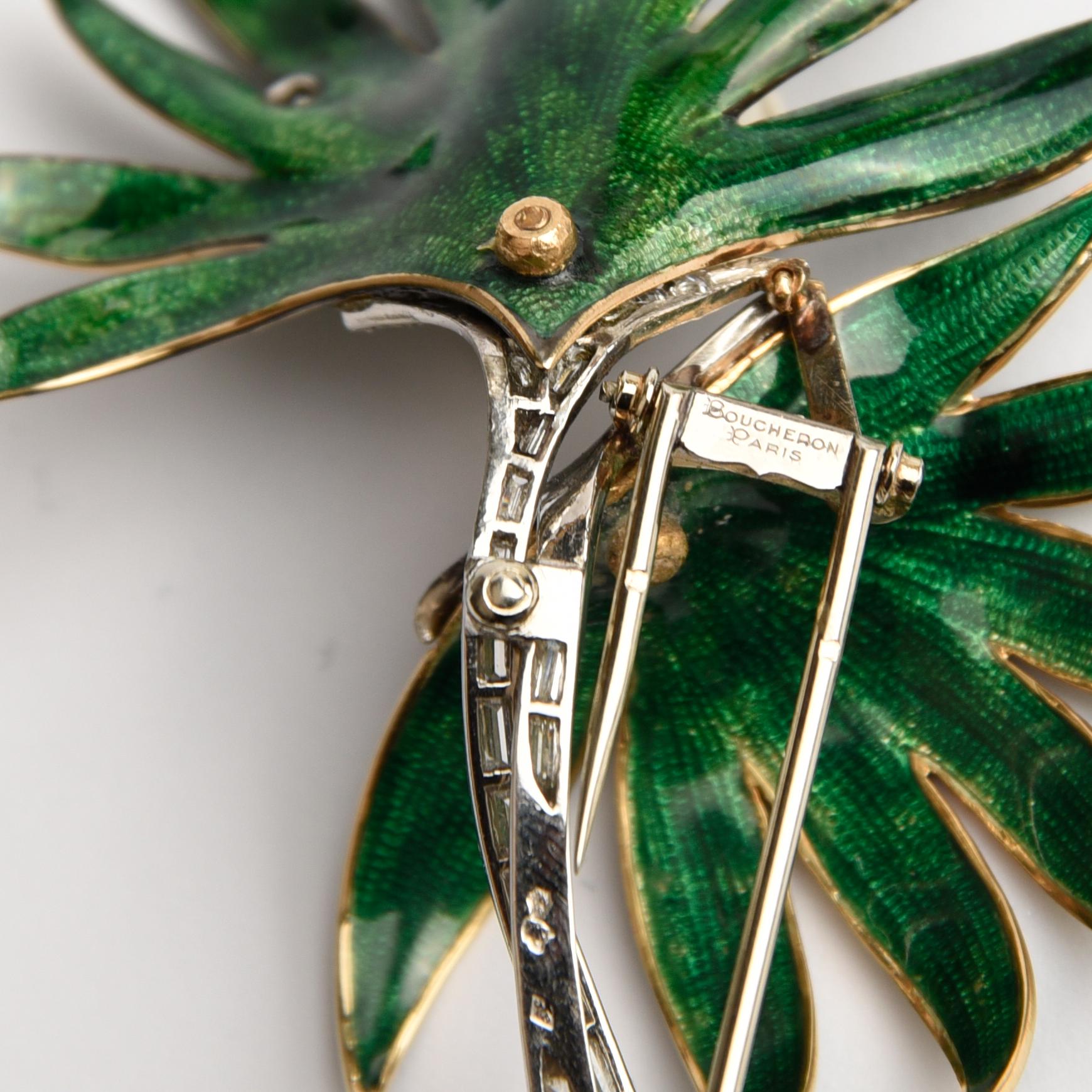 Women's or Men's Palm Tree Brooch, Platinum, Green Enamel and Diamond, by Boucheron For Sale