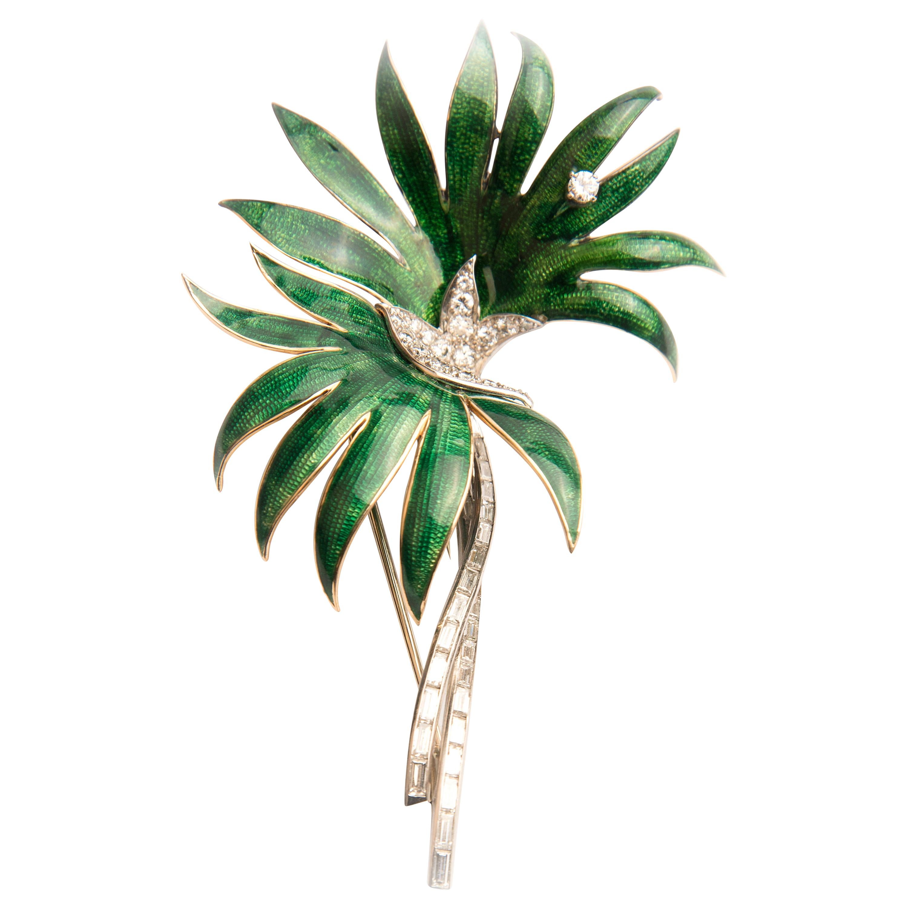 Palm Tree Brooch, Platinum, Green Enamel and Diamond, by Boucheron For Sale