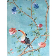 Carta da parati Chinoiserie Palm Tree Dipinta a mano su pannello EDO blu