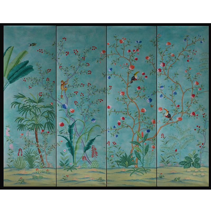 Hand-Painted Palm Tree Chinoiserie Wallpaper Hand Painted Wallpaper on Blue EDO Panel For Sale