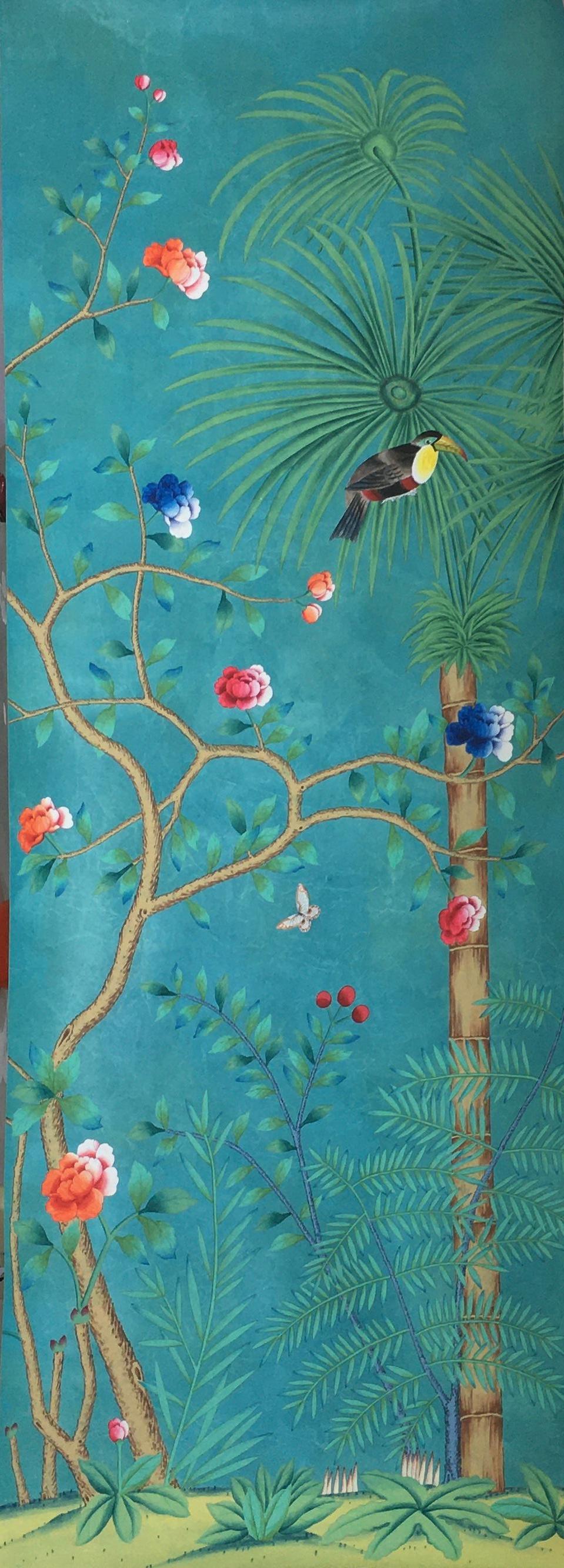 Hand-Painted Palm Tree Chinoiserie Wallpaper Hand Painted Wallpaper on EDO Silk /Panel For Sale