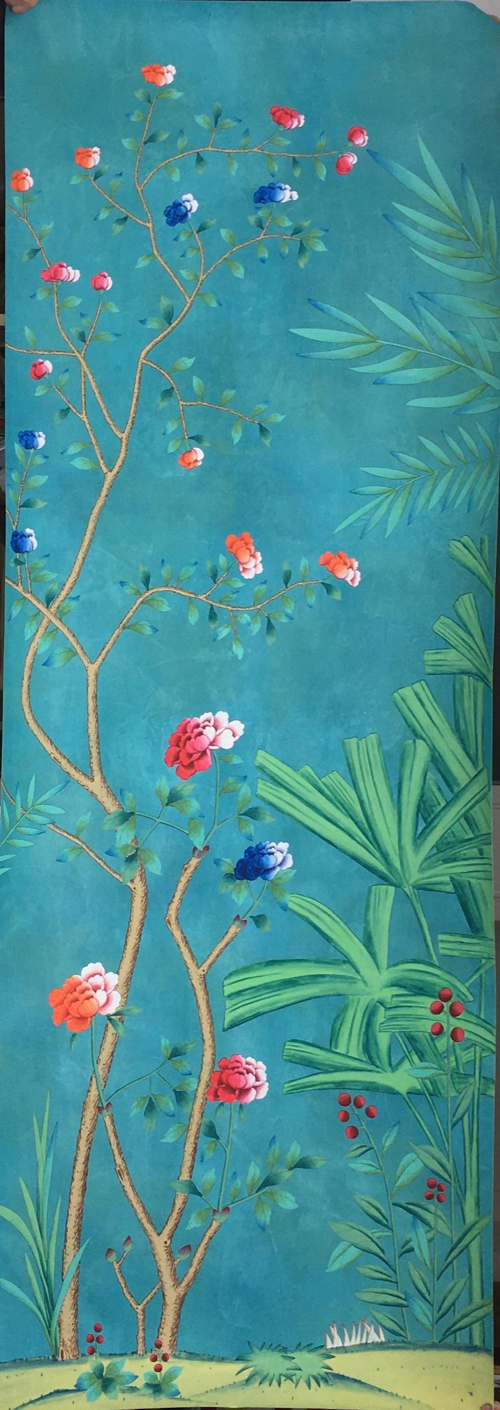 XXI secolo e contemporaneo Carta da parati Palm Tree Chinoiserie Dipinta a mano su seta EDO / Pannello in vendita