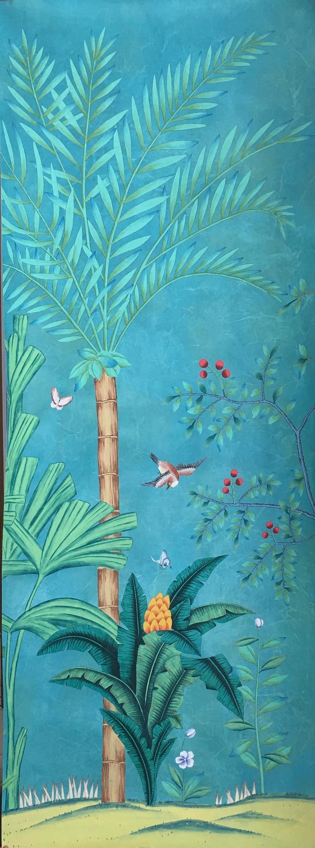 Seta Carta da parati Palm Tree Chinoiserie Dipinta a mano su seta EDO / Pannello in vendita