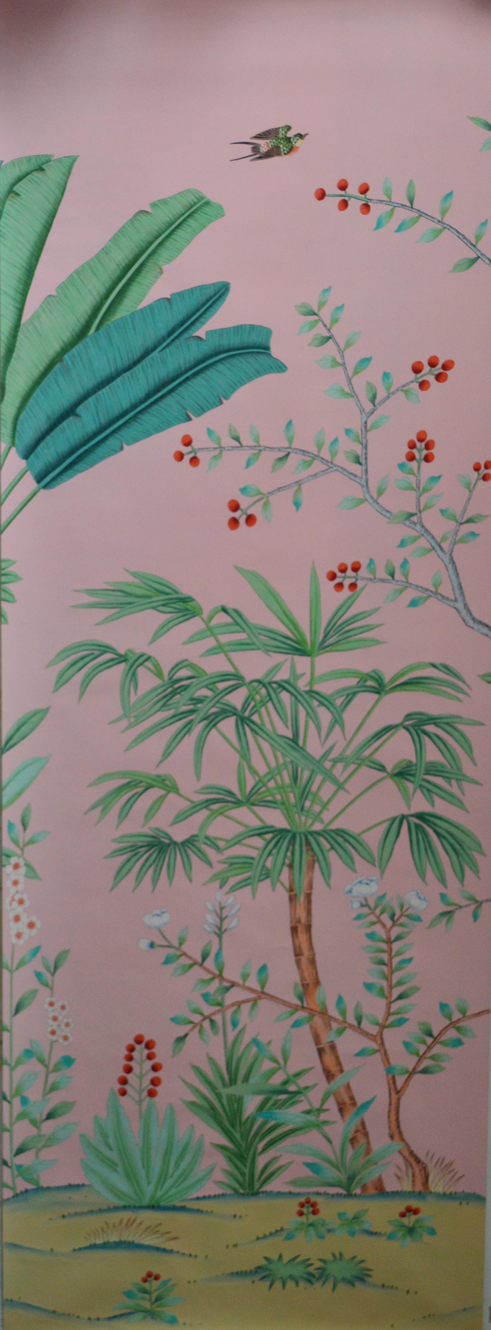 Hand-Painted Palm Tree Chinoiserie Wallpaper Hand Painted Wallpaper on Silk Panel For Sale