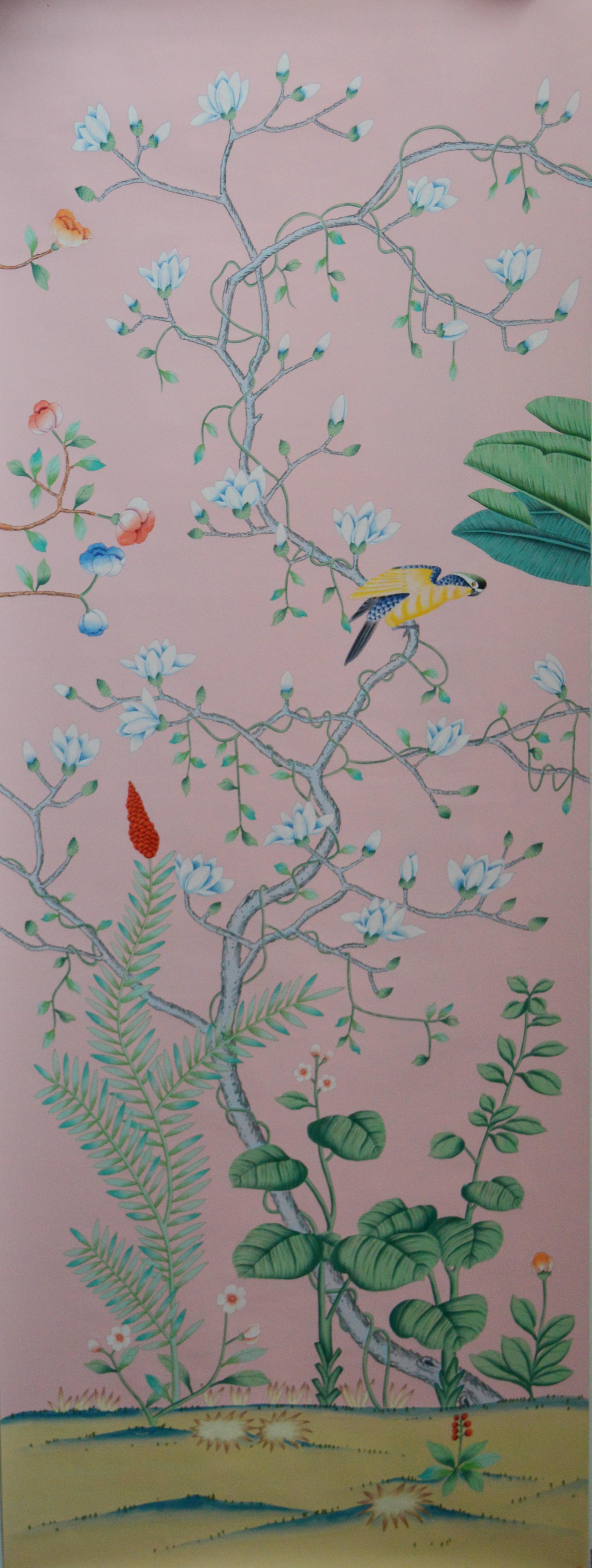 Palm Tree Chinoiserie Wallpaper Hand Painted Wallpaper on Silk Panel In New Condition For Sale In Wuxi, 32