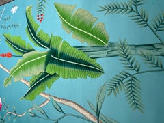 Tropical Palm Tree Chinoiserie Mural Hand Painted Wallpaper on Blue Silk