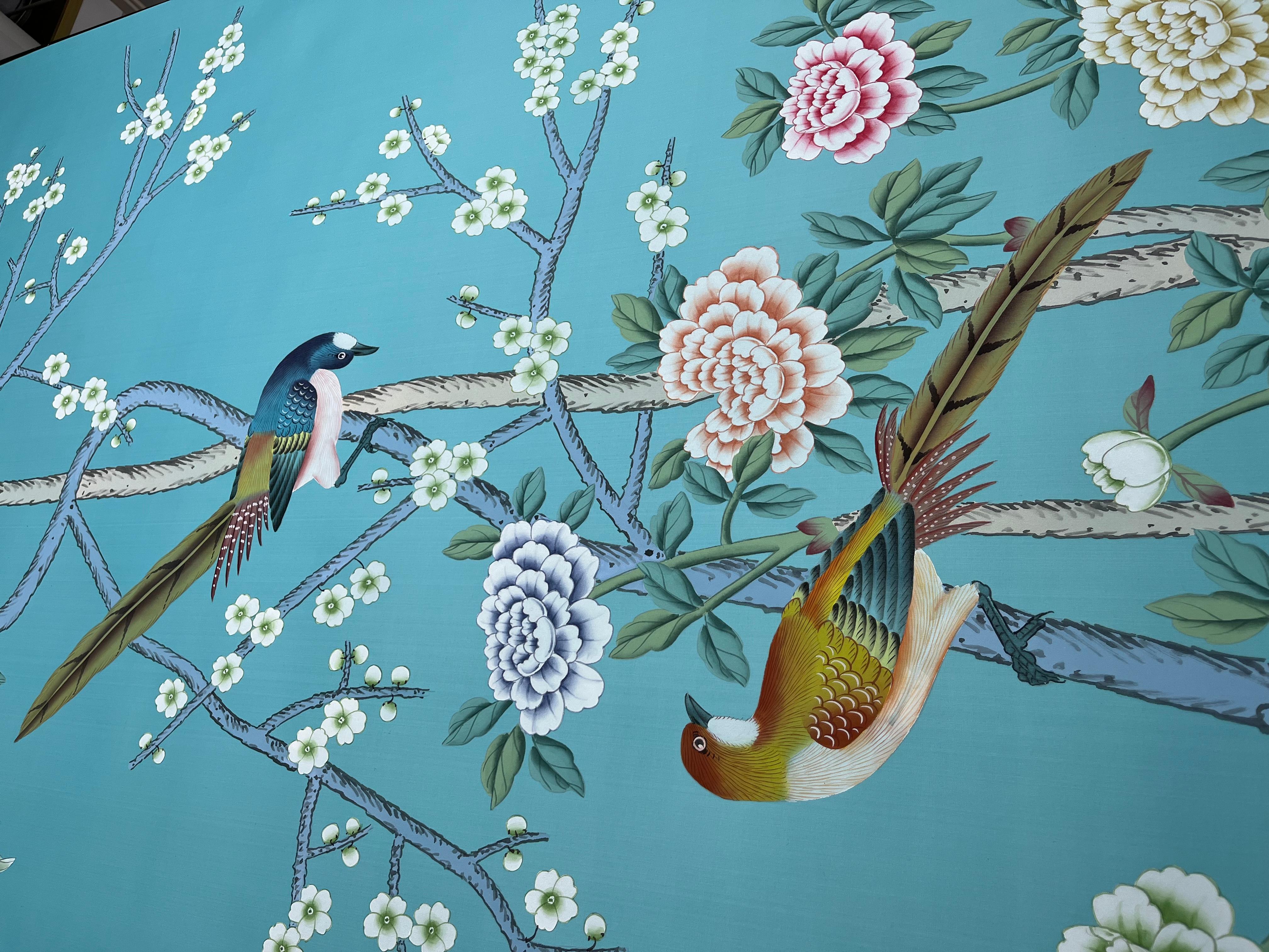 Chinese Palm Tree Chinoiserie Wallpaper Hand Painted Wallpaper on Silk Panel For Sale