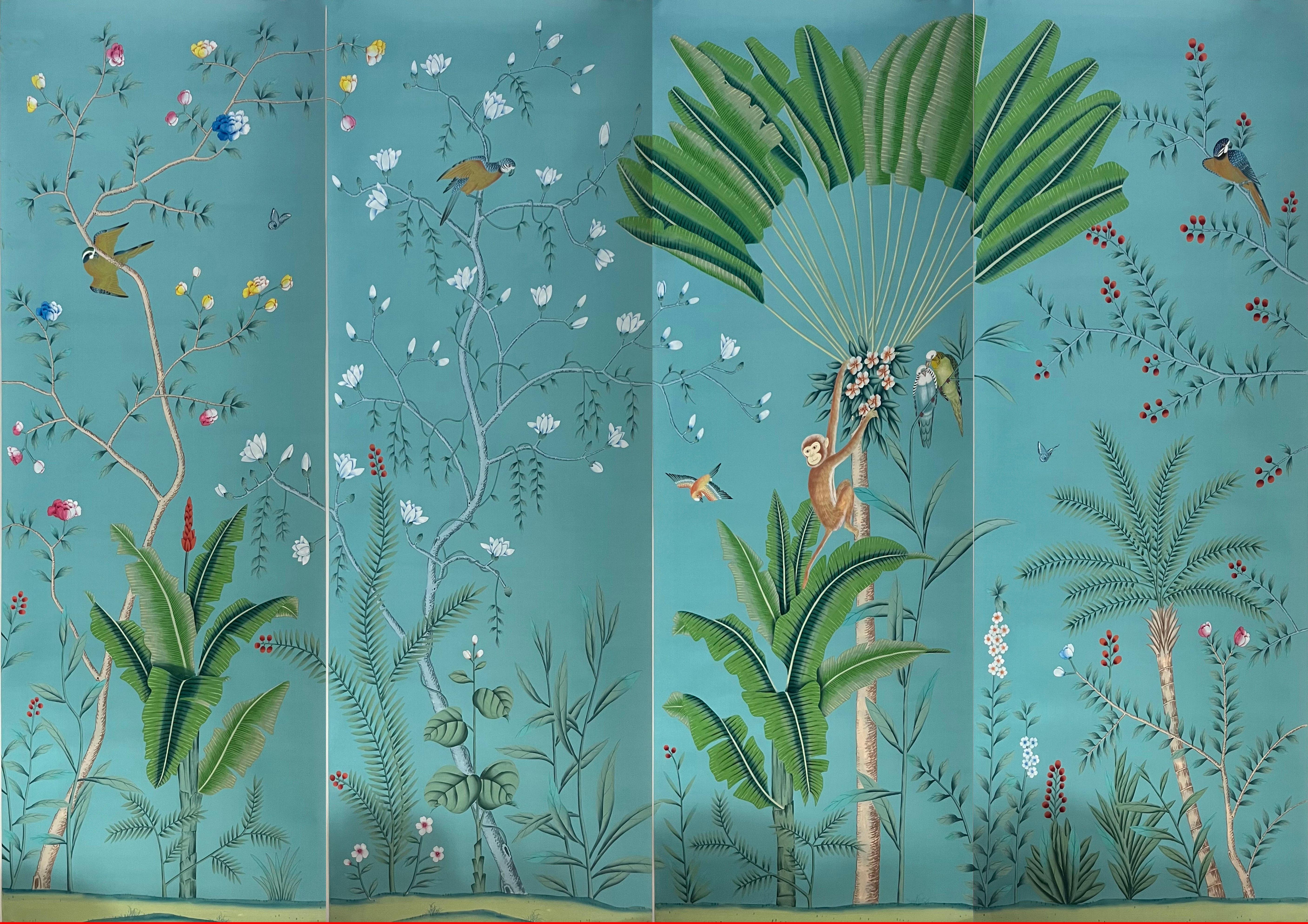 Tropical Palm Tree Chinoiserie Mural Hand Painted Wallpaper on Blue Silk For Sale