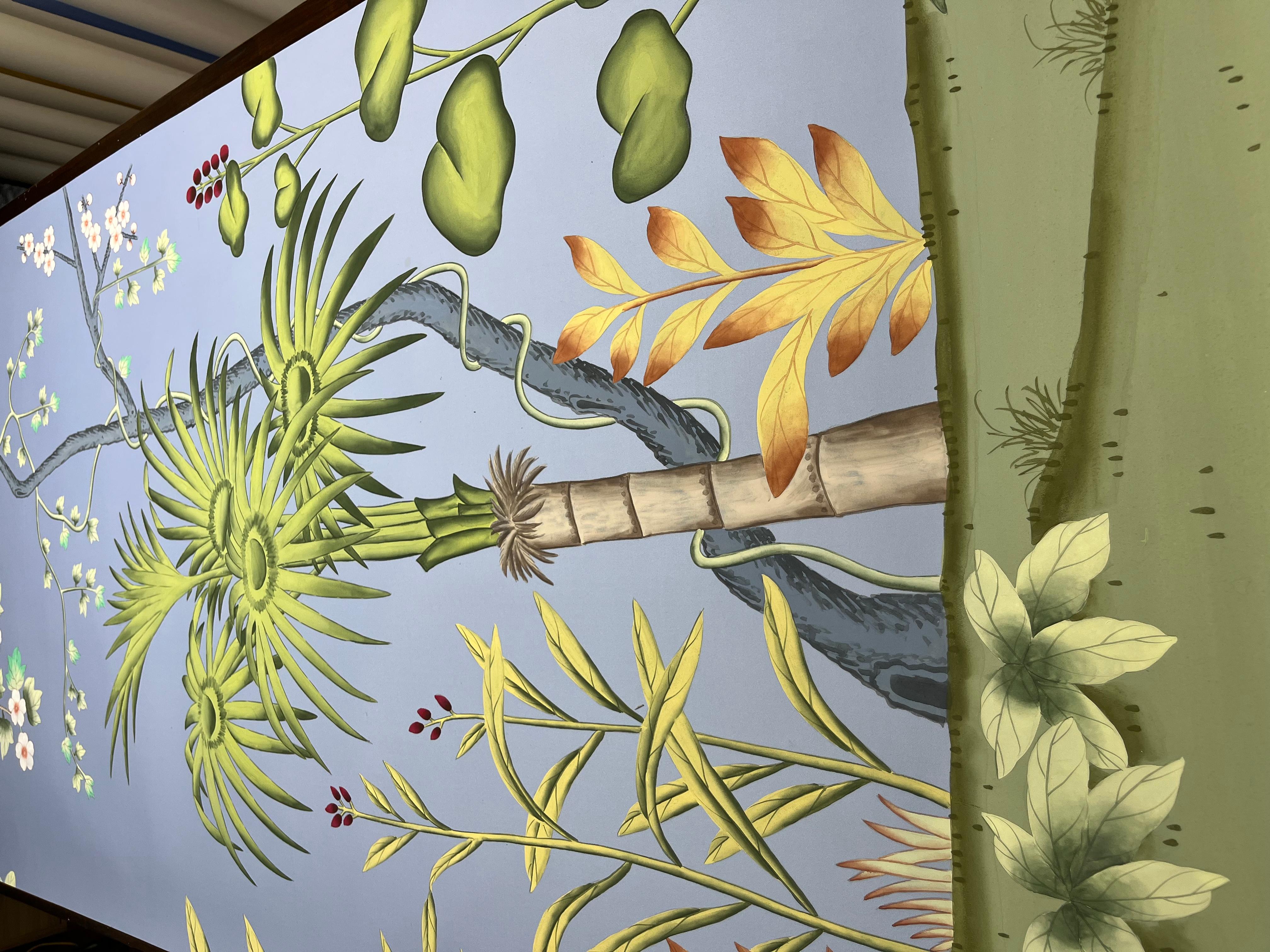 Palm Tree Chinoiserie Wallpaper Hand Painted Wallpaper on Silk Panel In New Condition For Sale In Wuxi, 32