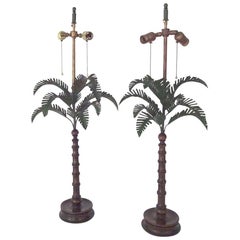 Palm Tree-Form Pair of Tole Peinte and Wood Lamps