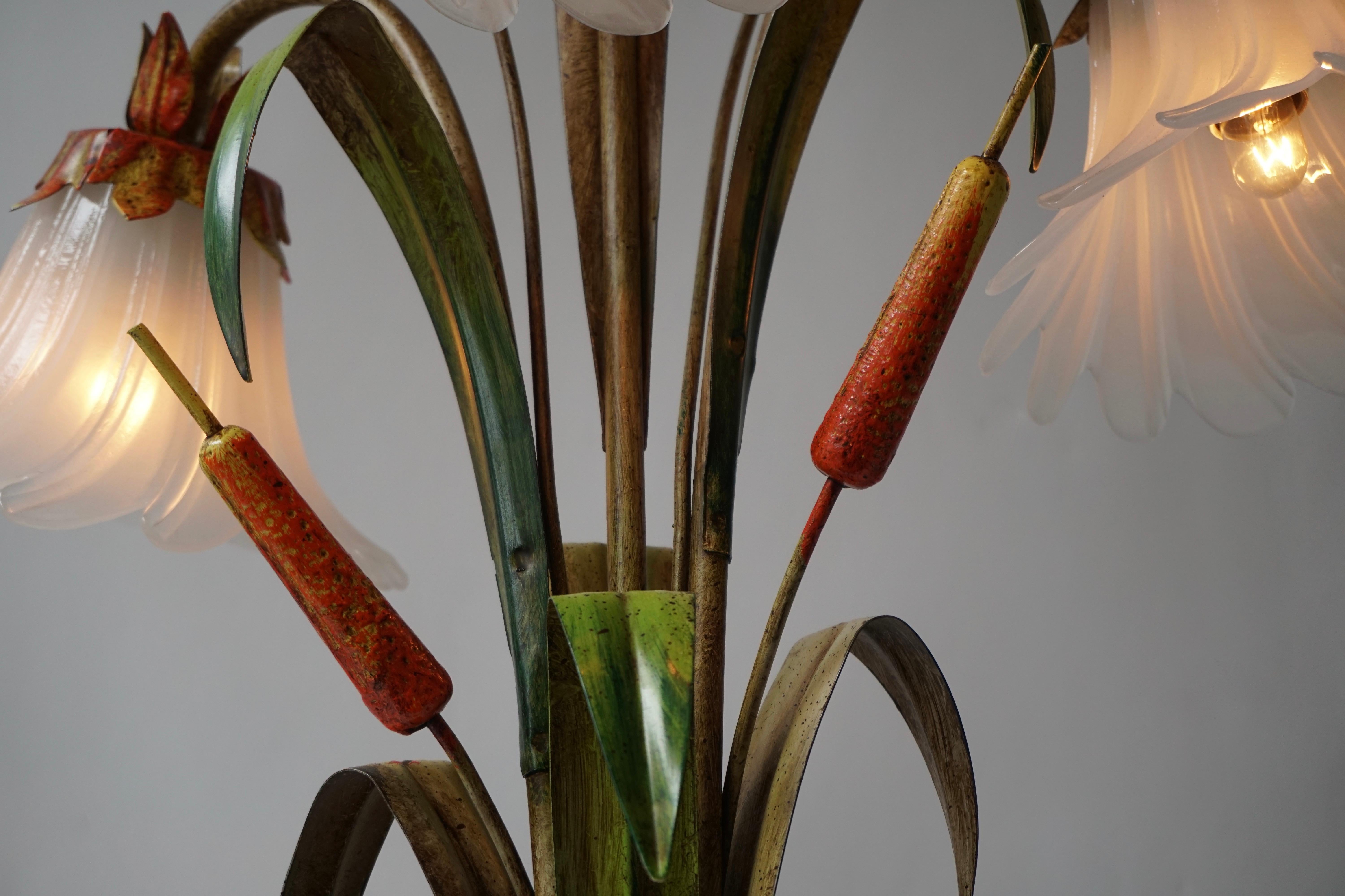 Palm Tree-Form Tole Painted and Glass Floral Lamp For Sale 3