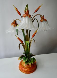 Palm Tree-Form Tole Painted and Glass Floral Lamp