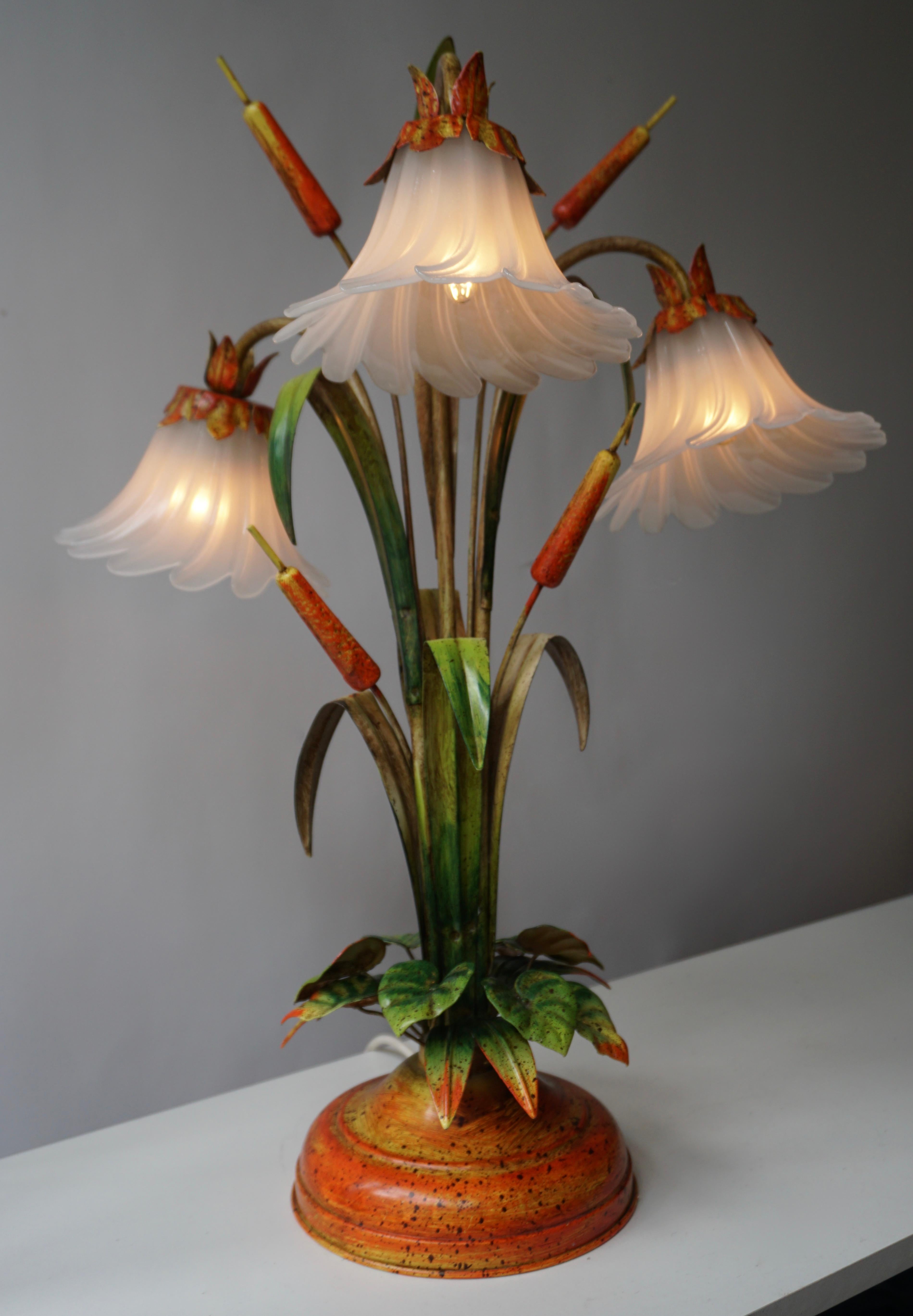 Belgian Palm Tree-Form Tole Painted and Glass Floral Lamp For Sale