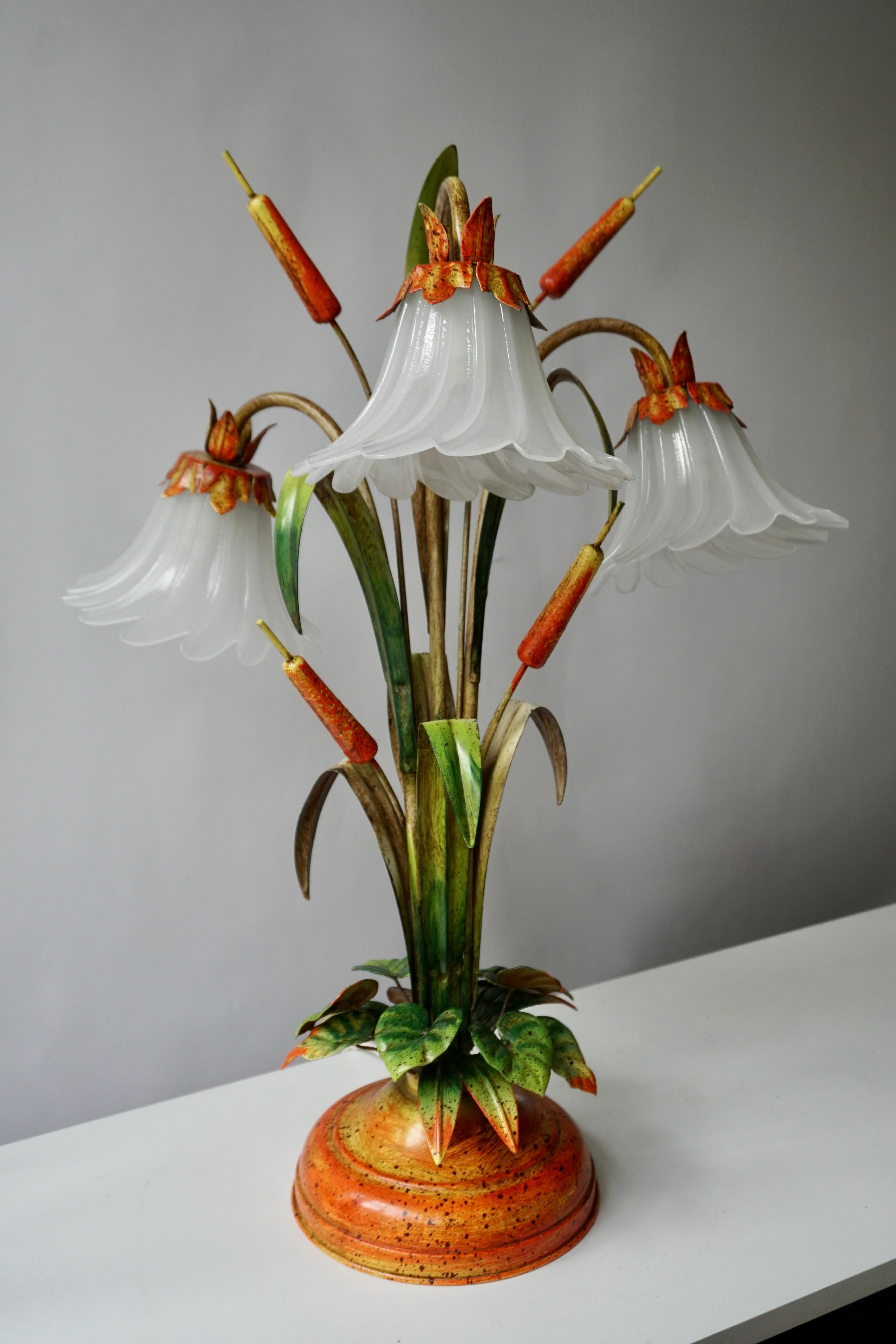 20th Century Palm Tree-Form Tole Painted and Glass Floral Lamp For Sale