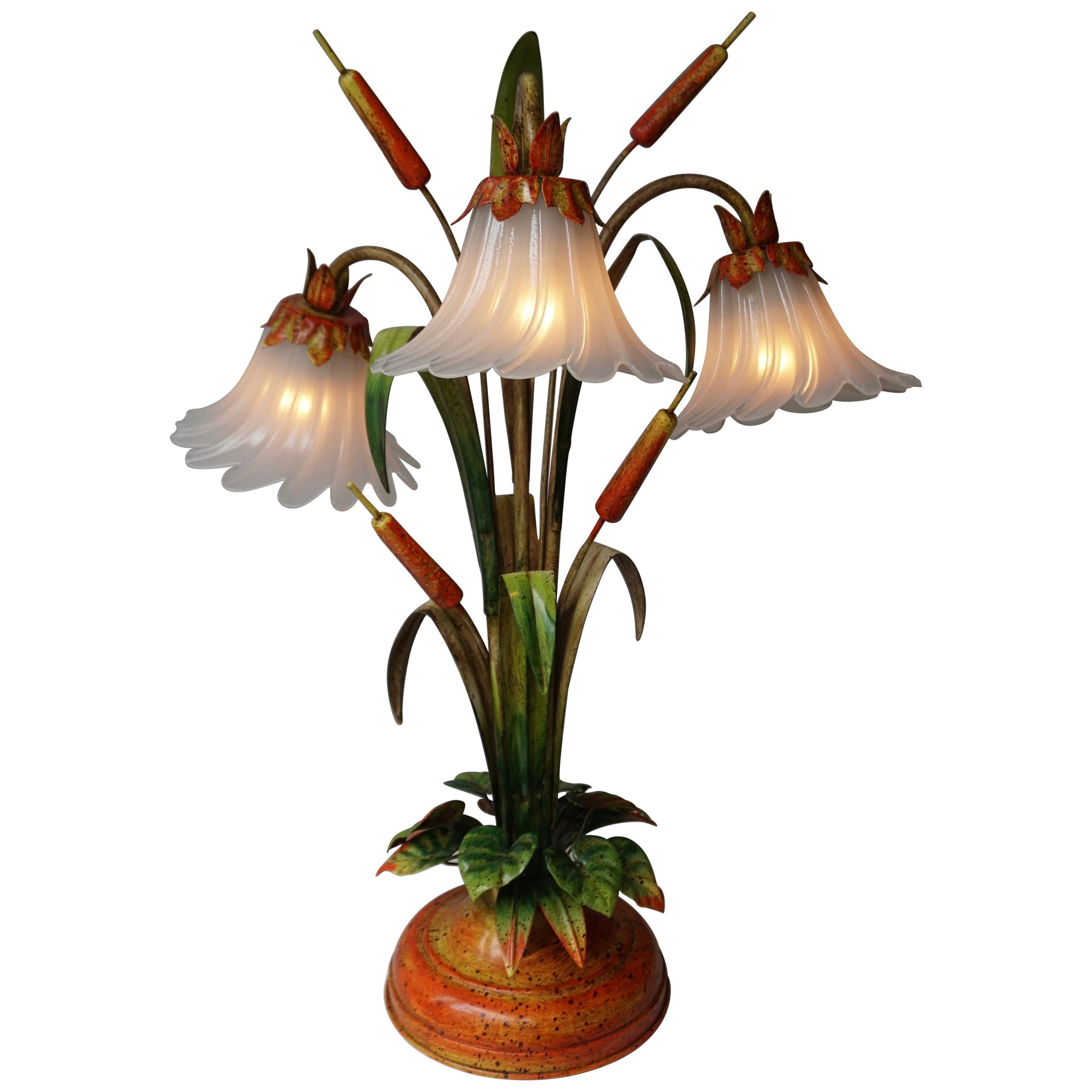 Palm Tree-Form Tole Painted and Glass Floral Lamp For Sale