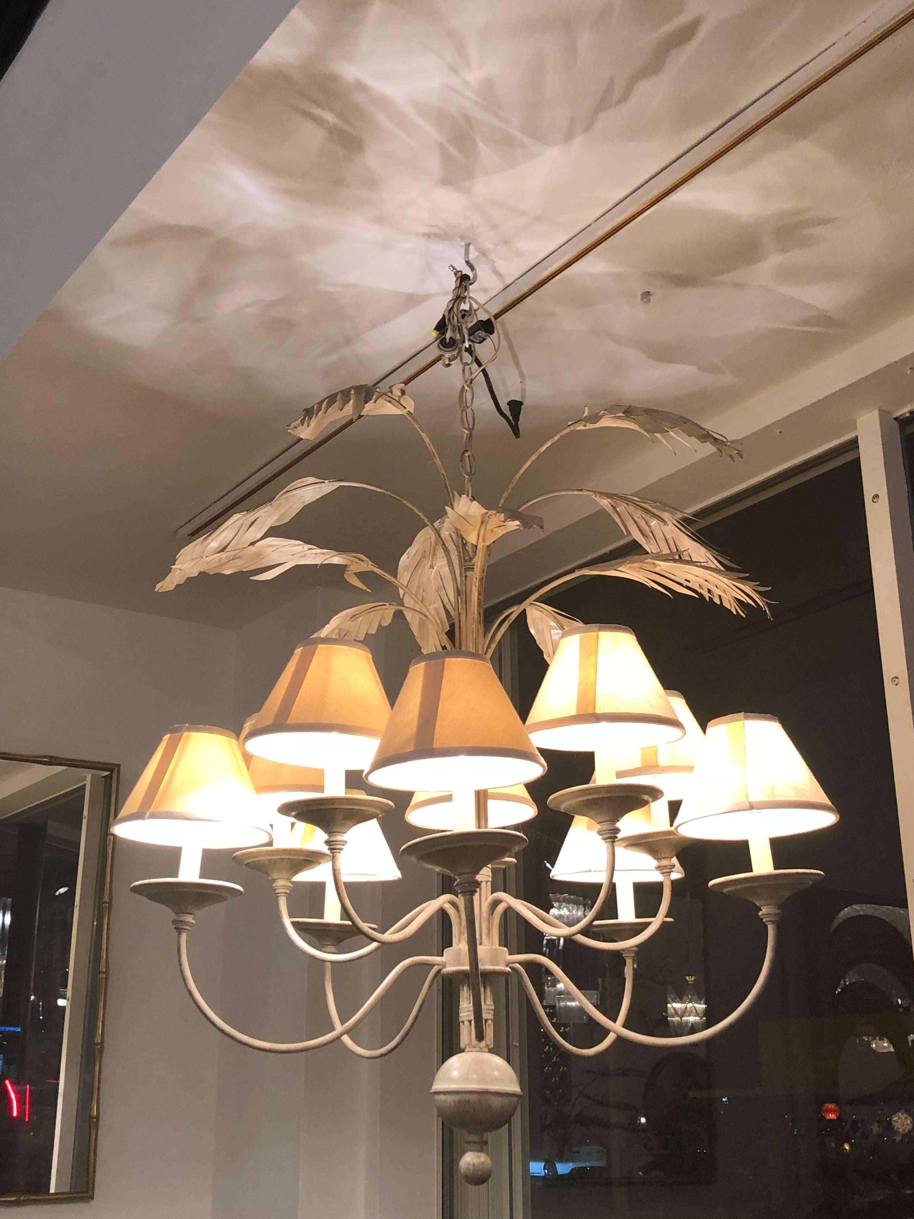 American Palm Tree Frond Leaf Leaves Ten-Light Chandelier Metal Tole