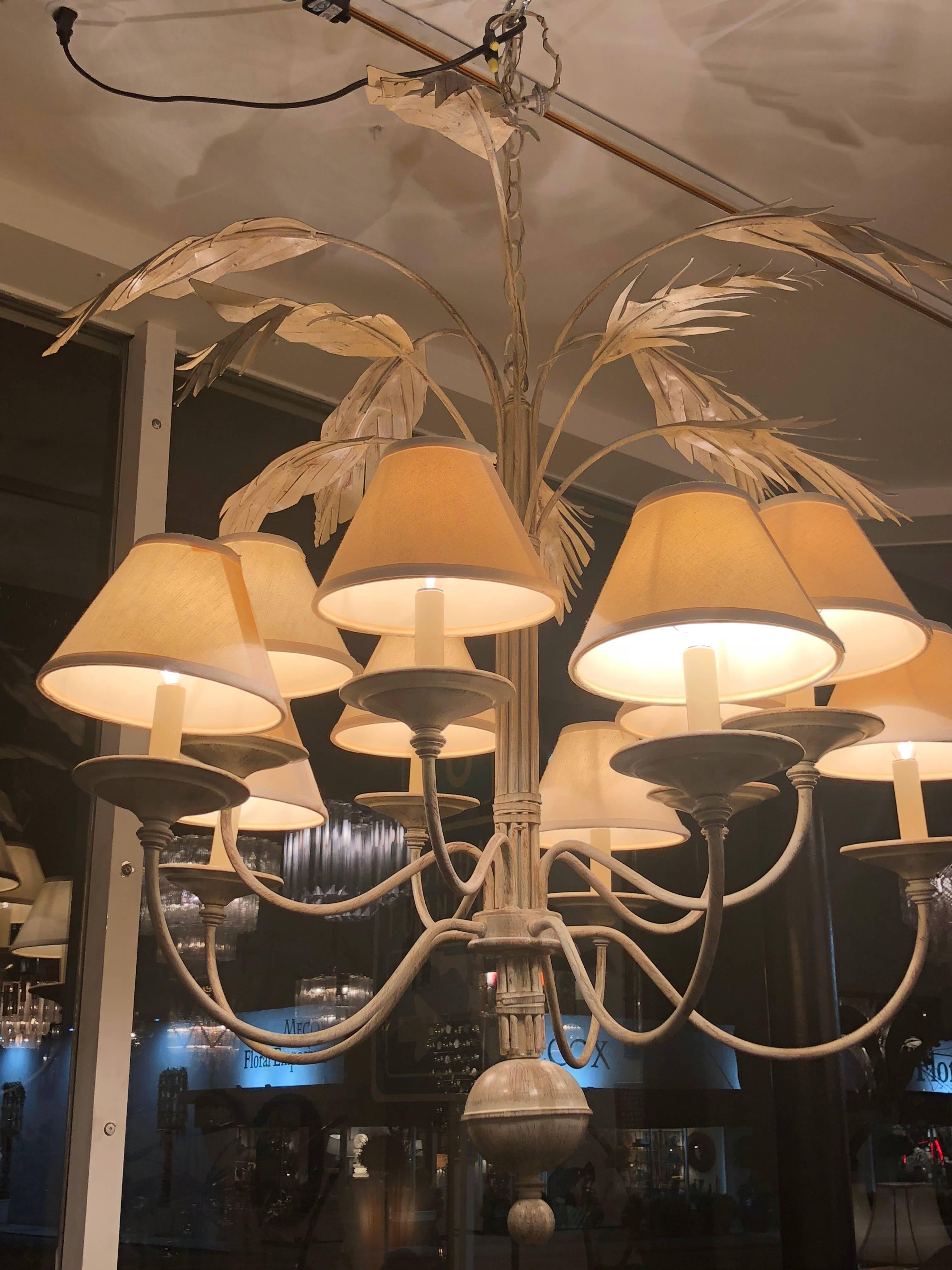 Palm Tree Frond Leaf Leaves Ten-Light Chandelier Metal Tole In Good Condition In West Palm Beach, FL