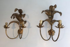 Palm Tree Gilt Metal Wall Sconces, French, circa 1960