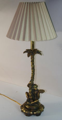 Monkey Climbing Palm Tree  Gilt Table Lamp.
