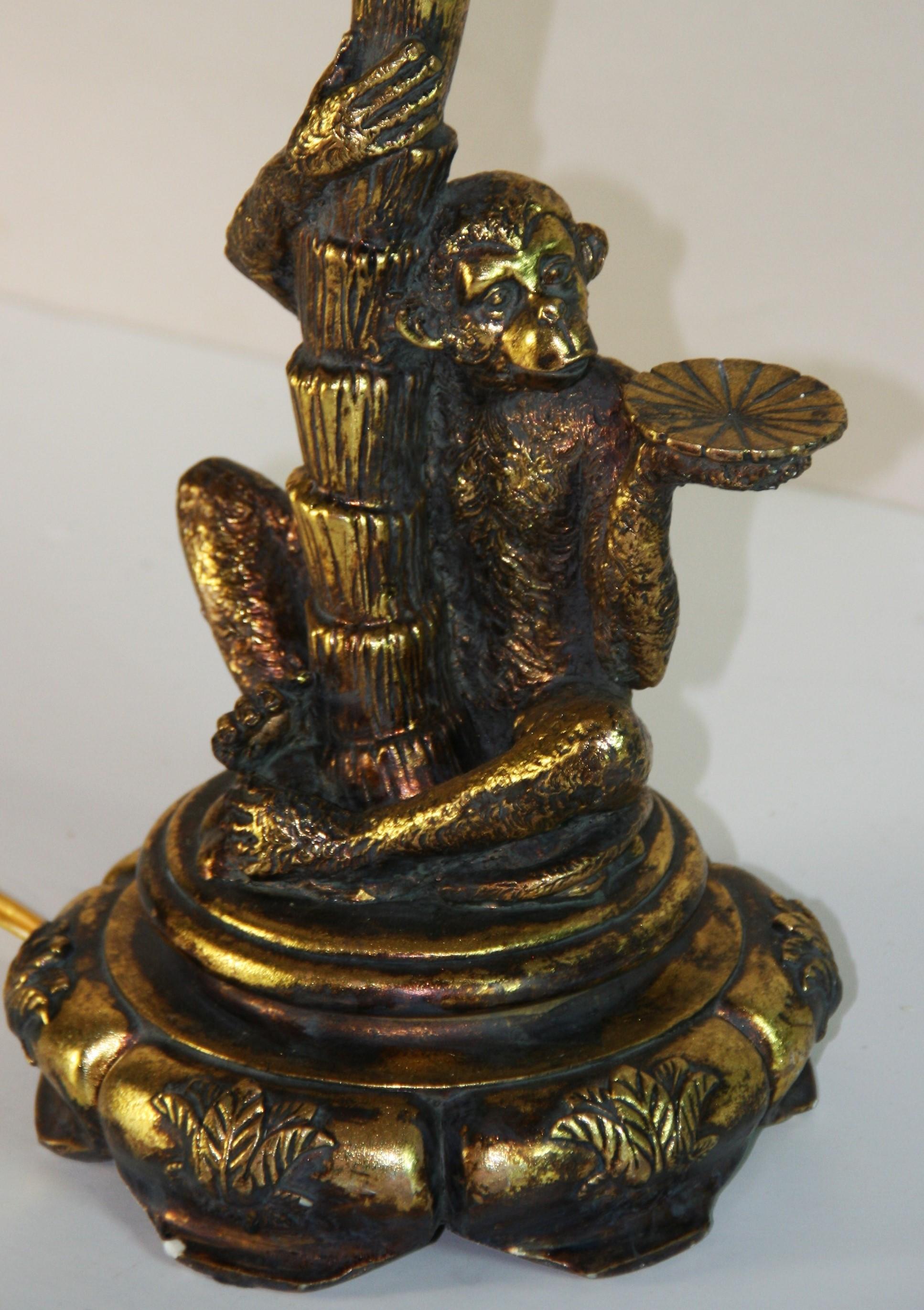 Monkey Climbing Palm Tree  Gilt Table Lamp. In Good Condition For Sale In Douglas Manor, NY