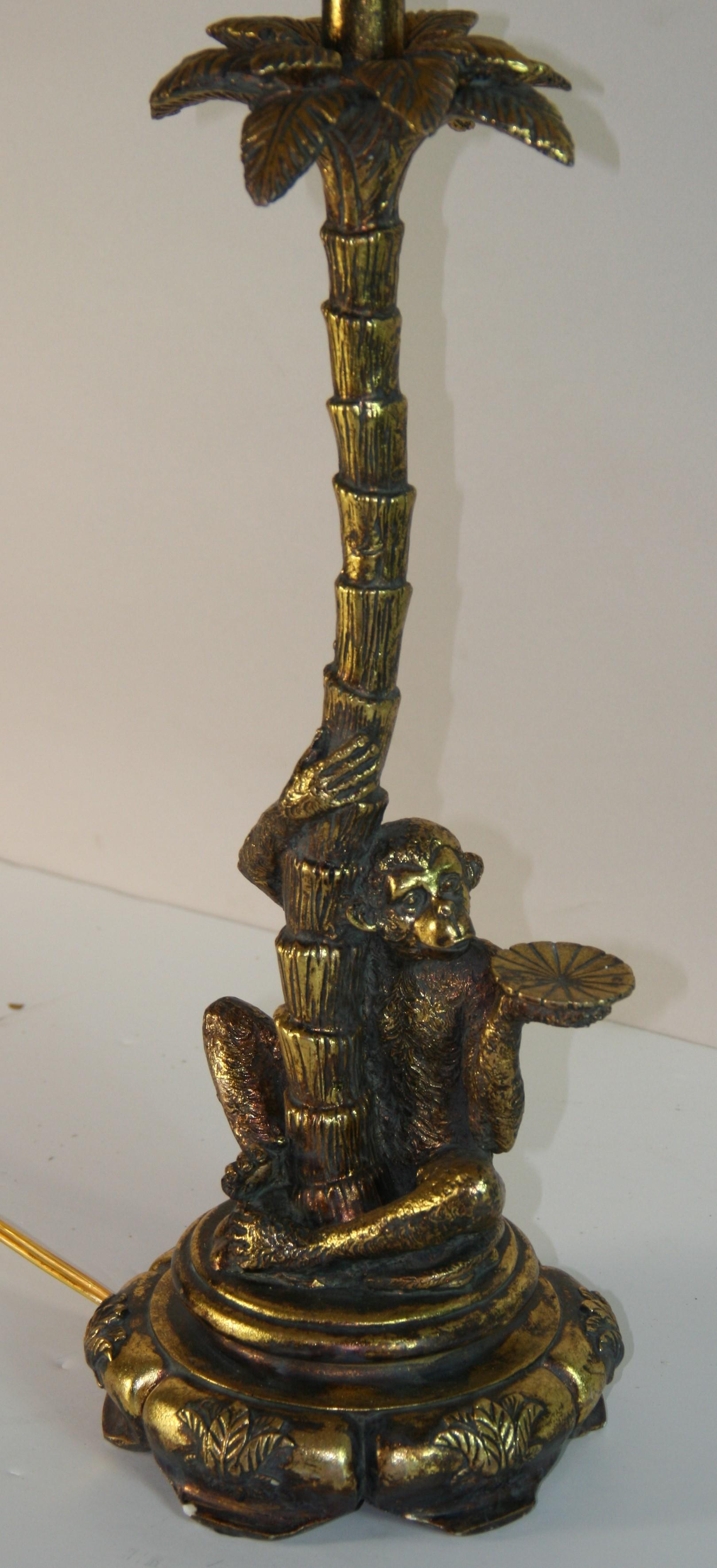 Mid-20th Century Monkey Climbing Palm Tree  Gilt Table Lamp. For Sale