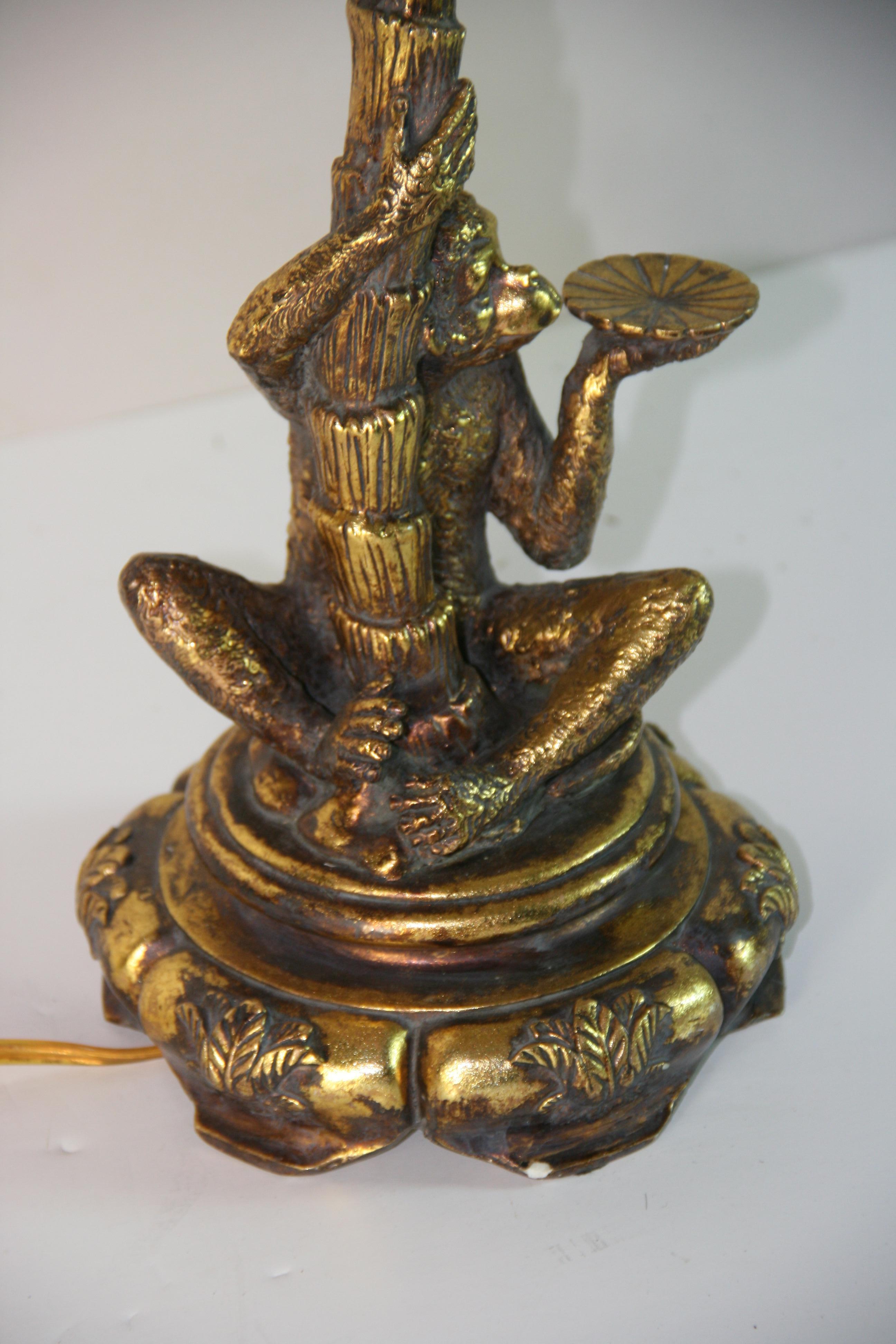 Monkey Climbing Palm Tree  Gilt Table Lamp. For Sale 1